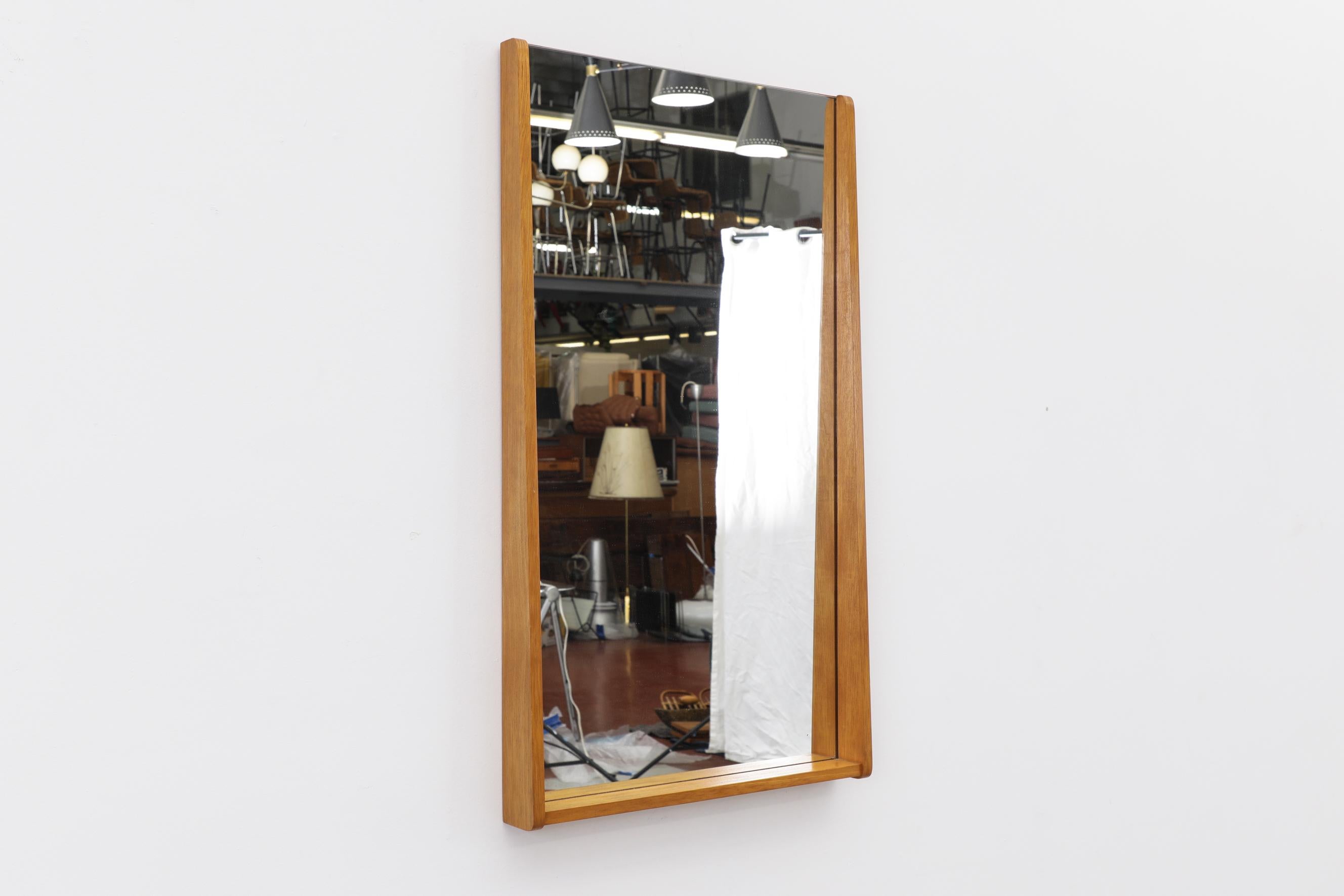Mid-Century Modern Mid-Century Danish Blonde Wood Wall Mount Mirror w/ Rounded Frame and Bottom Lip For Sale