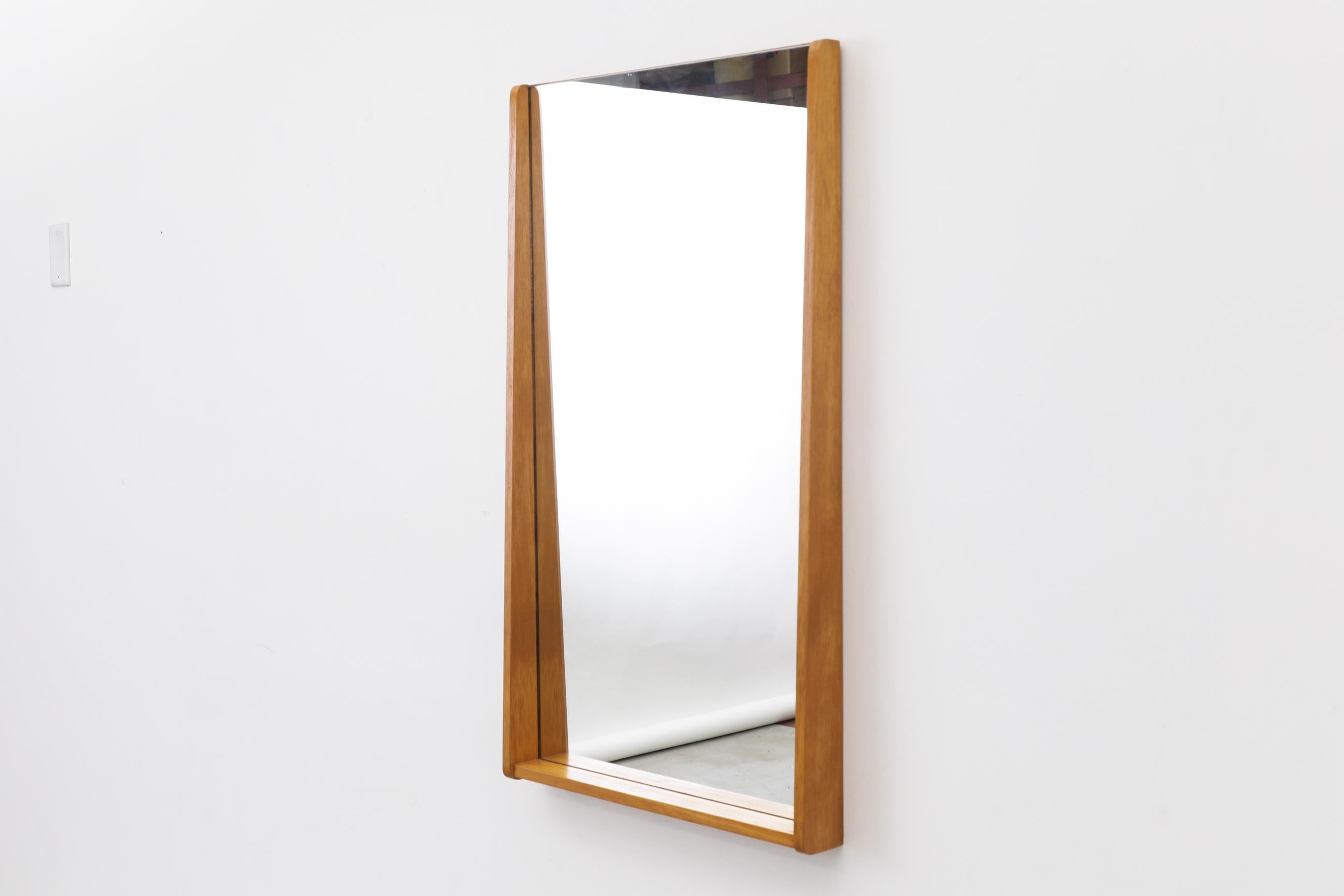 Mid-Century Danish Blonde Wood Wall Mount Mirror w/ Rounded Frame and Bottom Lip In Good Condition For Sale In Los Angeles, CA