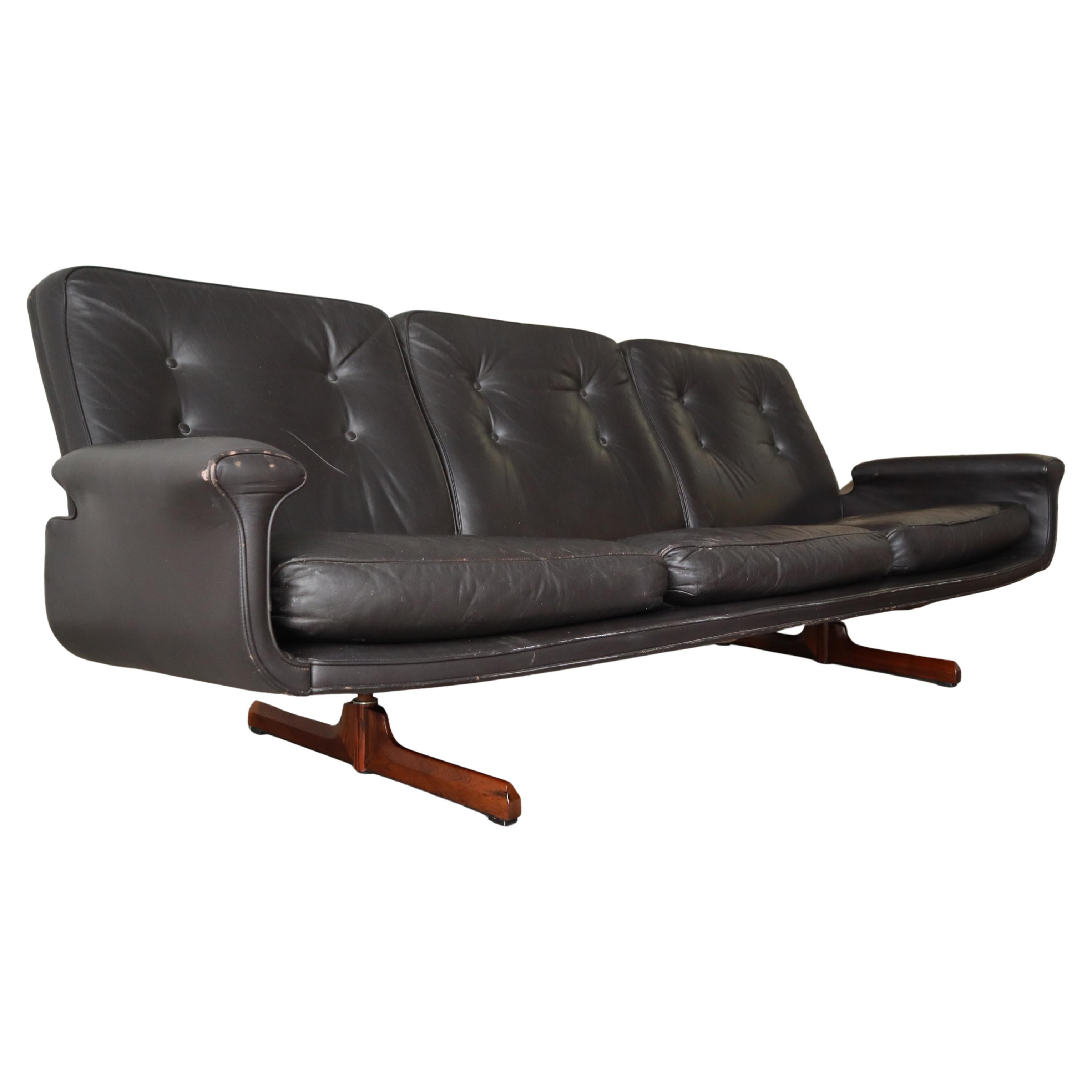 Mid Century Danish Brown Leather & Rosewood Sofa For Sale