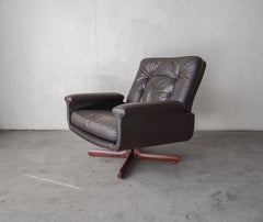 Mid Century Danish Brown Leather & Rosewood Swivel Lounge Chair