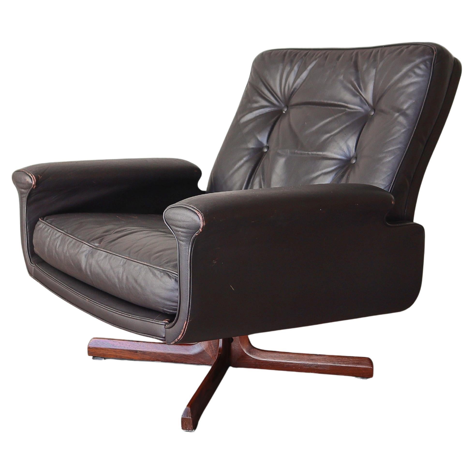 Mid Century Danish Brown Leather & Rosewood Swivel Lounge Chair