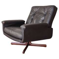 Mid Century Danish Brown Leather & Rosewood Swivel Lounge Chair