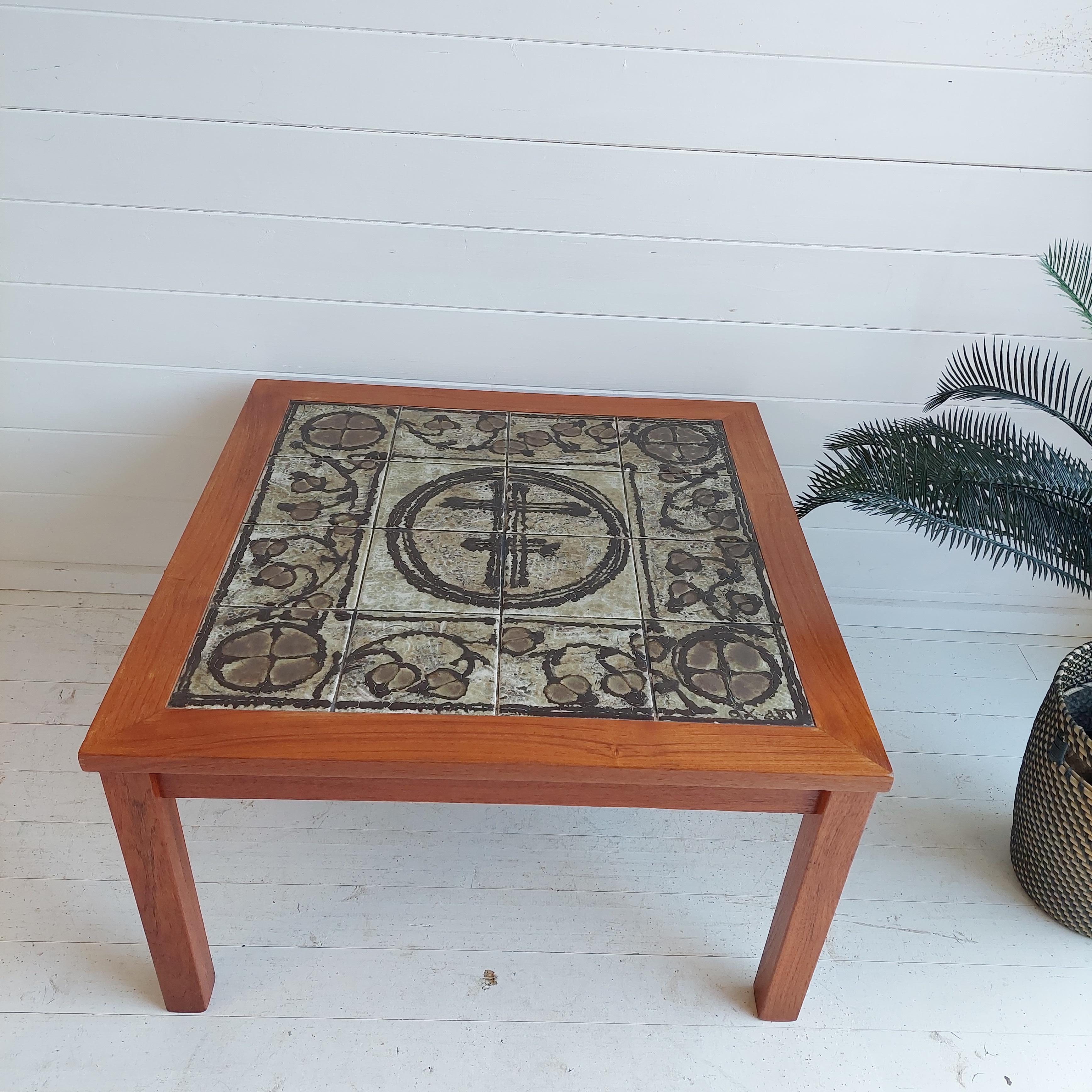 Charming ceramic tile and high quality wooden coffee or side table by Ox-art Denmark.

This rustic, square coffee table has a high quality wooden with aluminium base.
The ceramics top has a nice pattern on it, which gives the piece a high