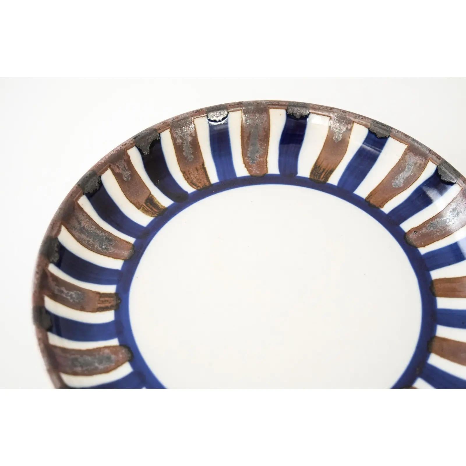 Hand-Painted Mid Century Danish Ceramic Bowl with Brown & Blue Stripes by Dansk For Sale