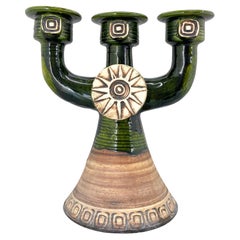 Mid-century Danish Ceramic Three-armed Candleholder, Signed