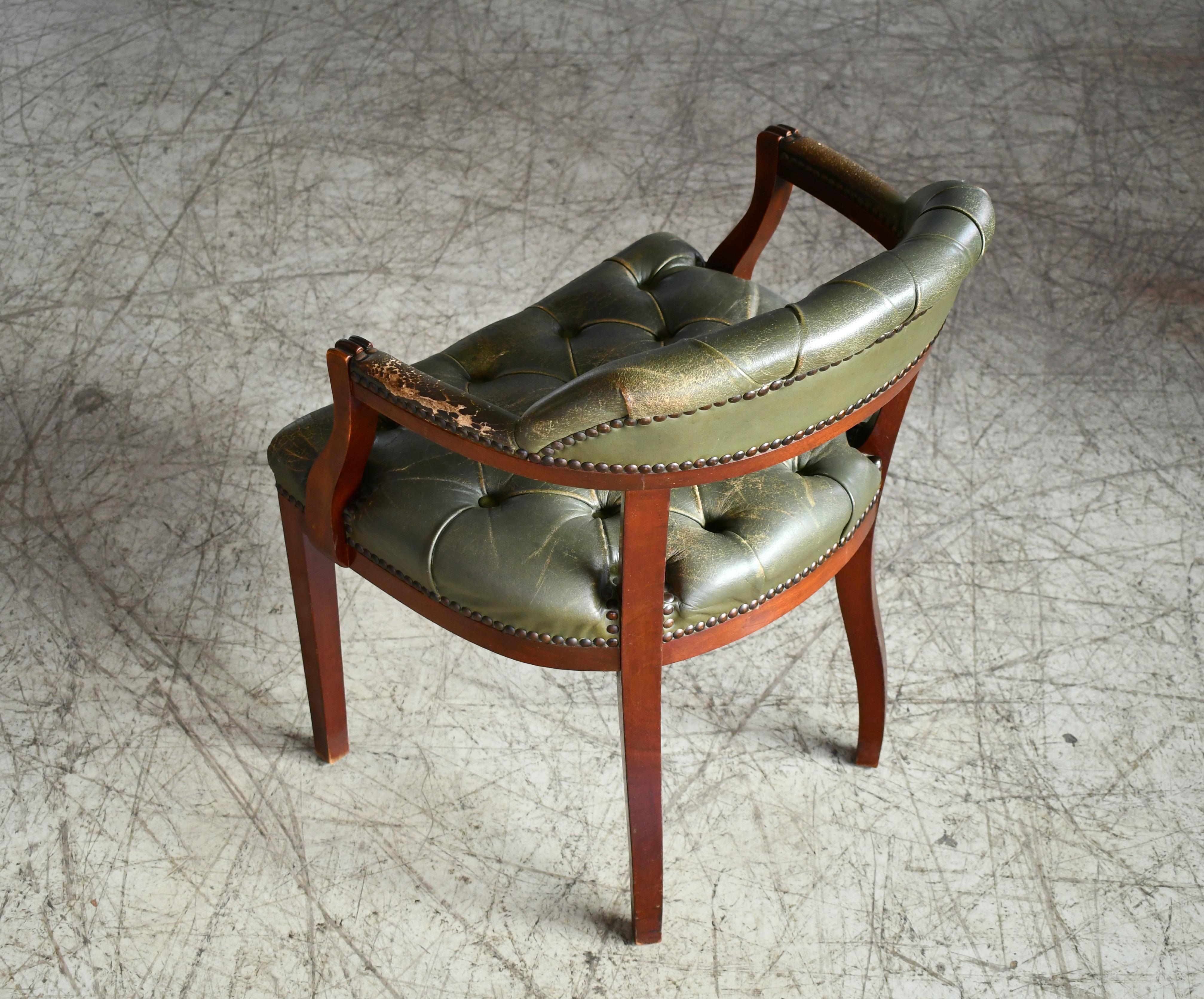 Midcentury Danish Chesterfield Style Court Chair in Patinated Green Leather 4