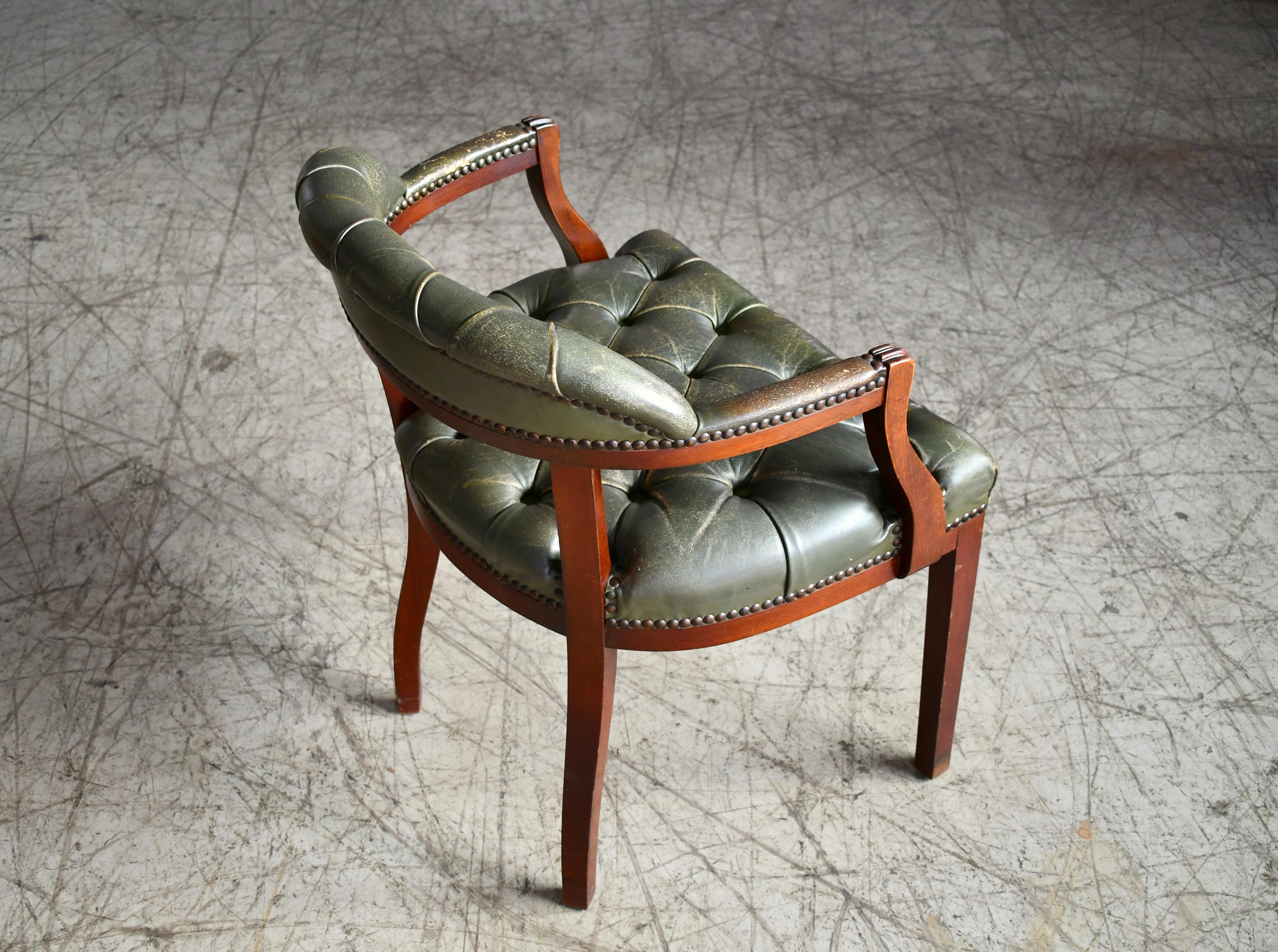 Midcentury Danish Chesterfield Style Court Chair in Patinated Green Leather 5
