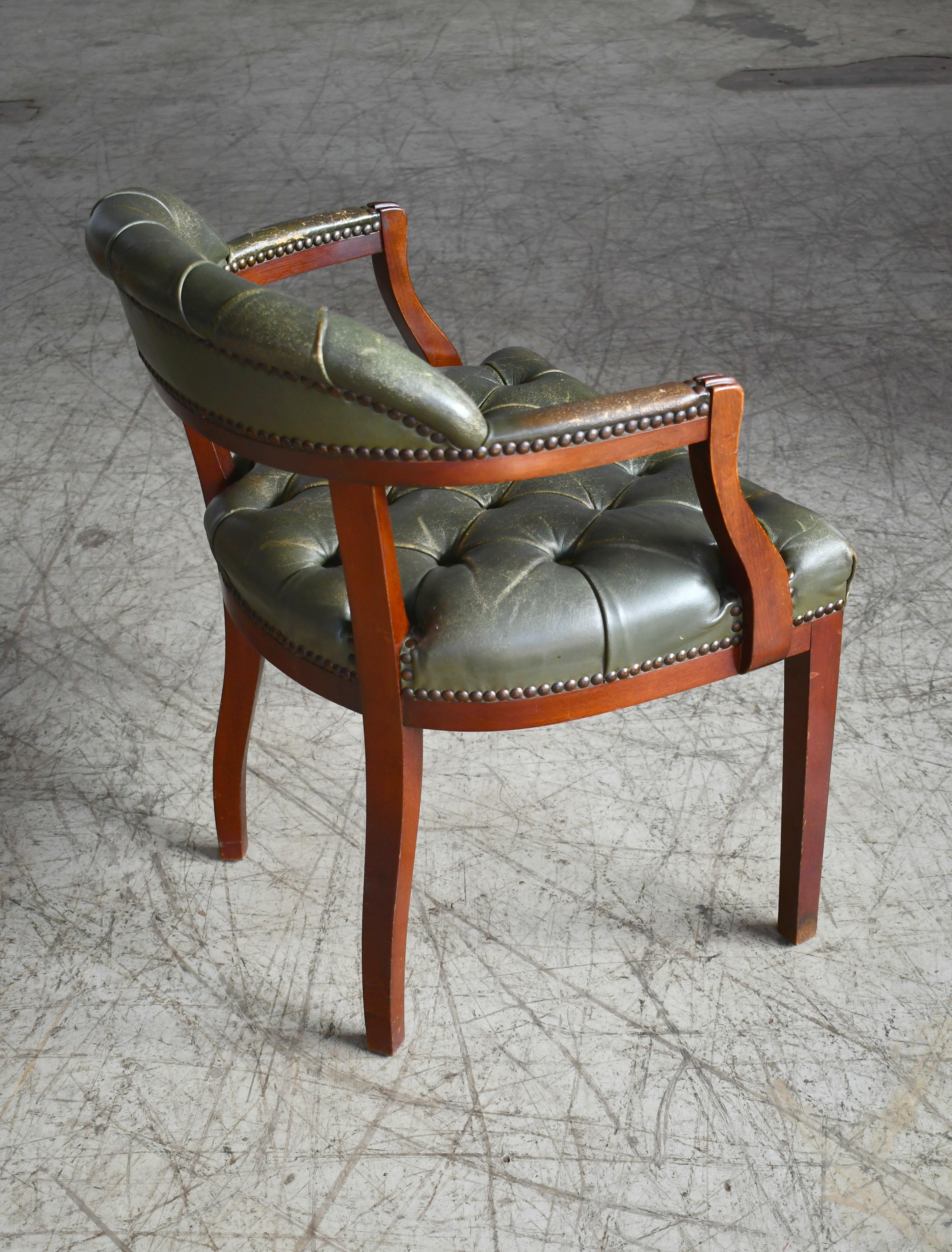 Midcentury Danish Chesterfield Style Court Chair in Patinated Green Leather 7