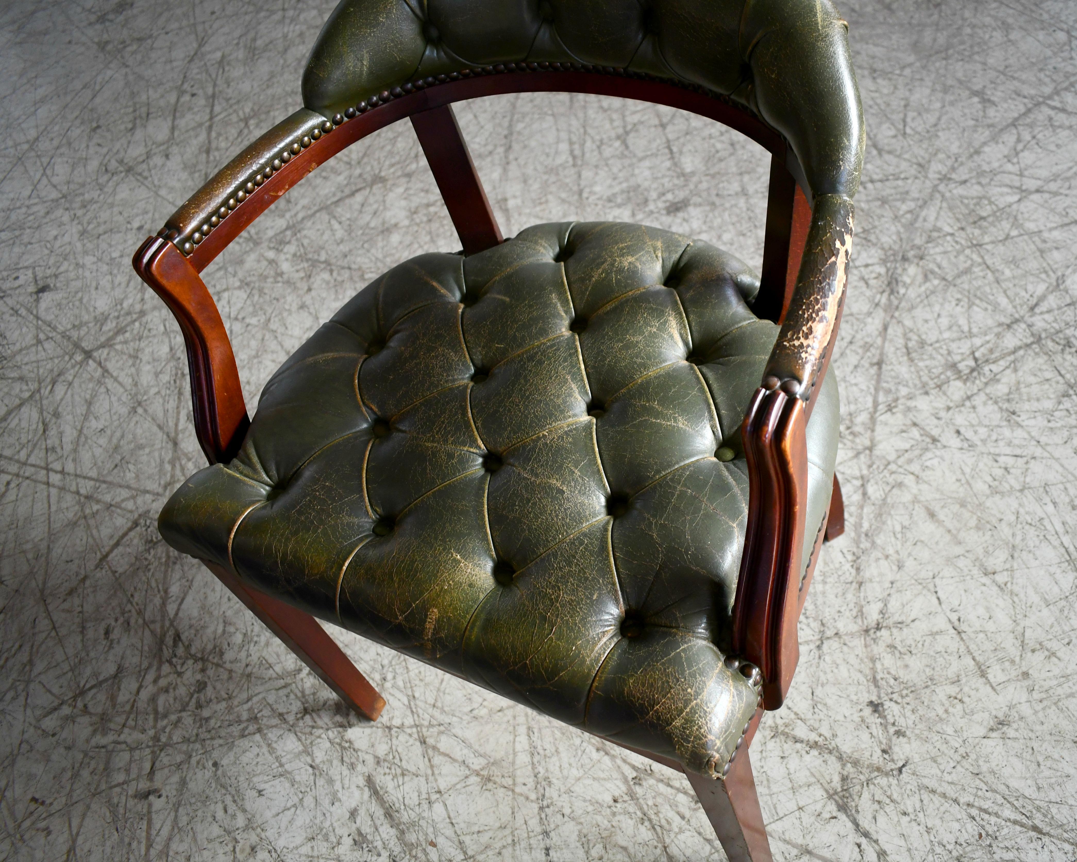 Mid-20th Century Midcentury Danish Chesterfield Style Court Chair in Patinated Green Leather