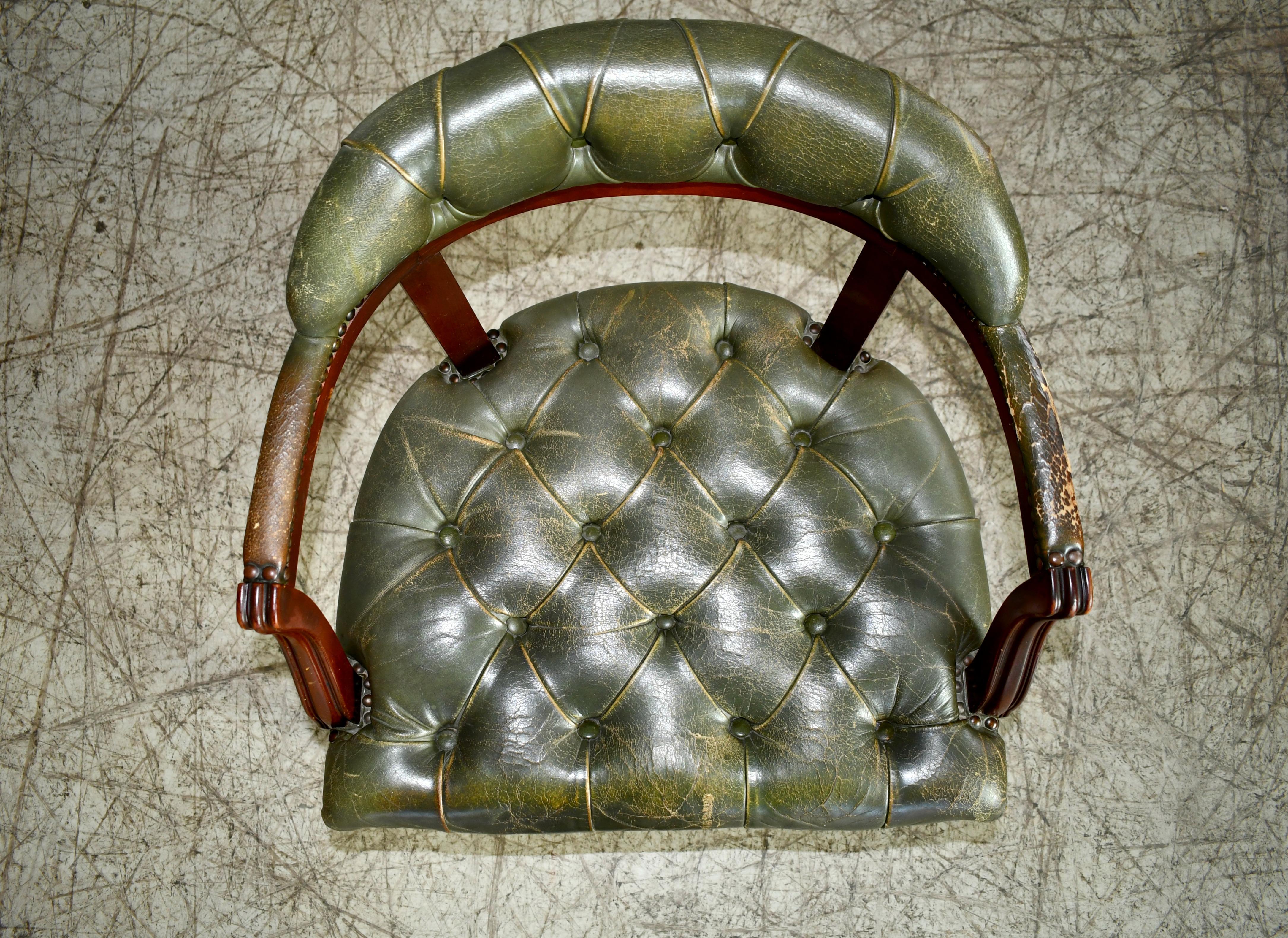 Mahogany Midcentury Danish Chesterfield Style Court Chair in Patinated Green Leather