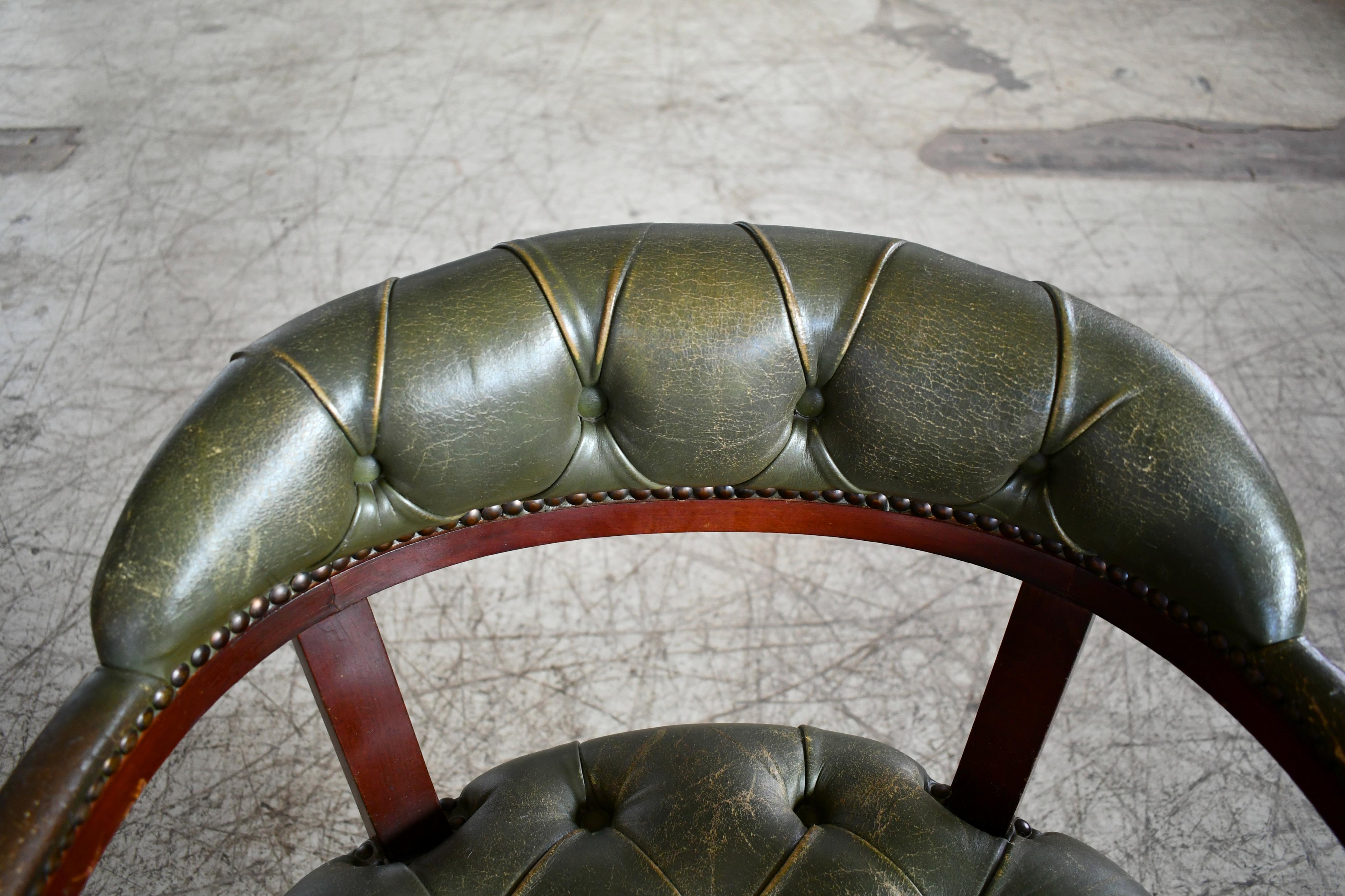 Midcentury Danish Chesterfield Style Court Chair in Patinated Green Leather 2