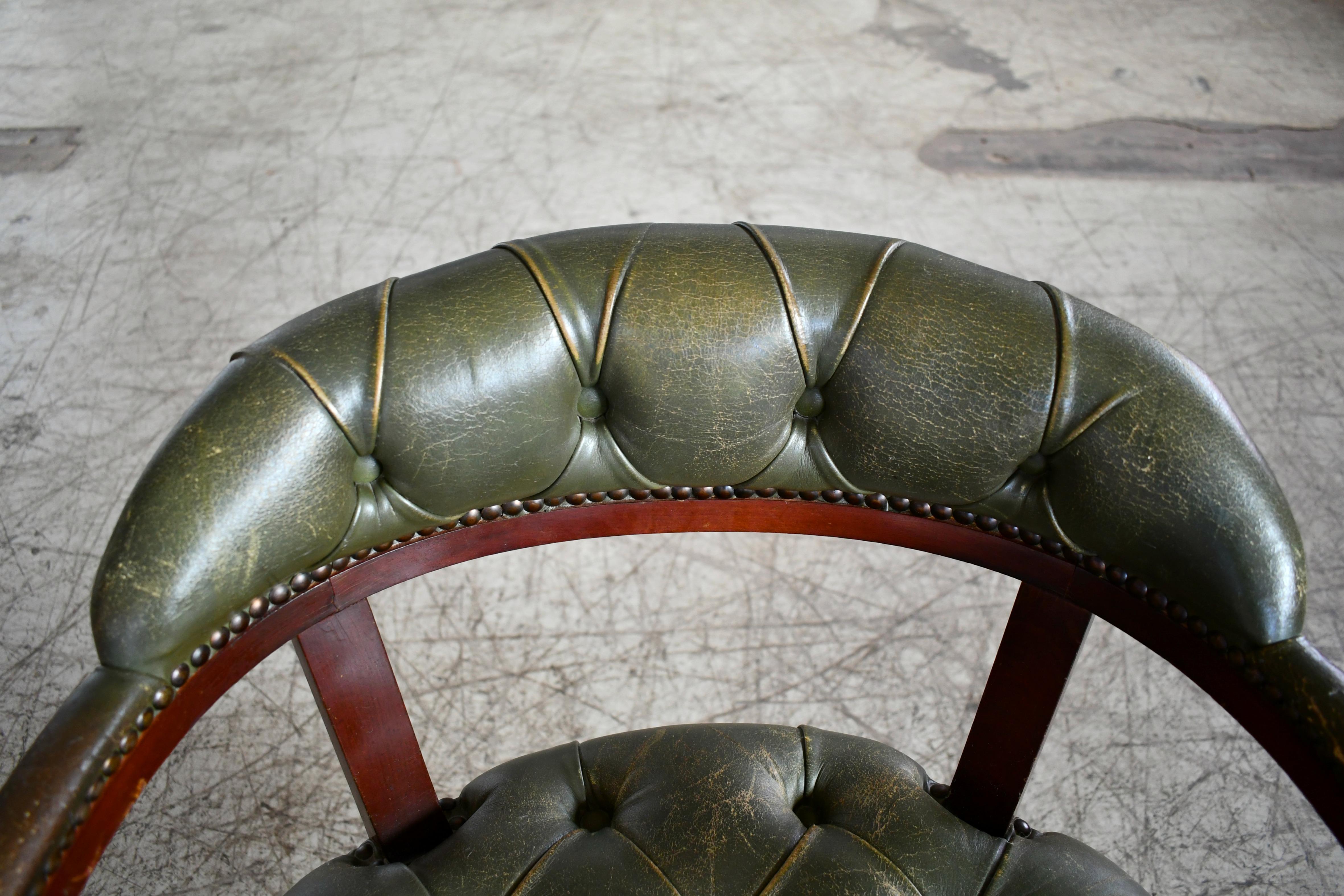 Midcentury Danish Chesterfield Style Court Chair in Patinated Green Leather 1