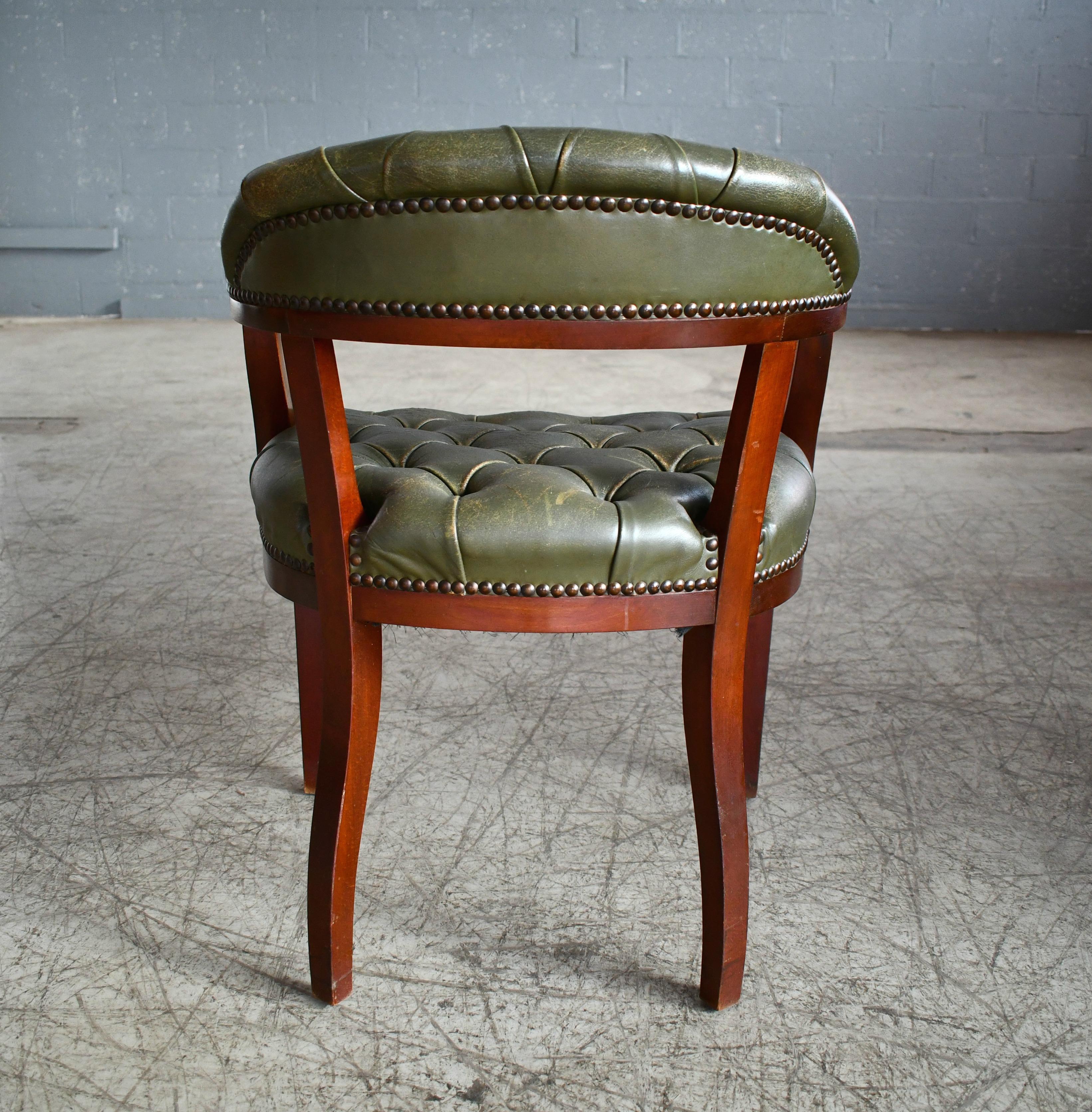 Midcentury Danish Chesterfield Style Court Chair in Patinated Green Leather 3