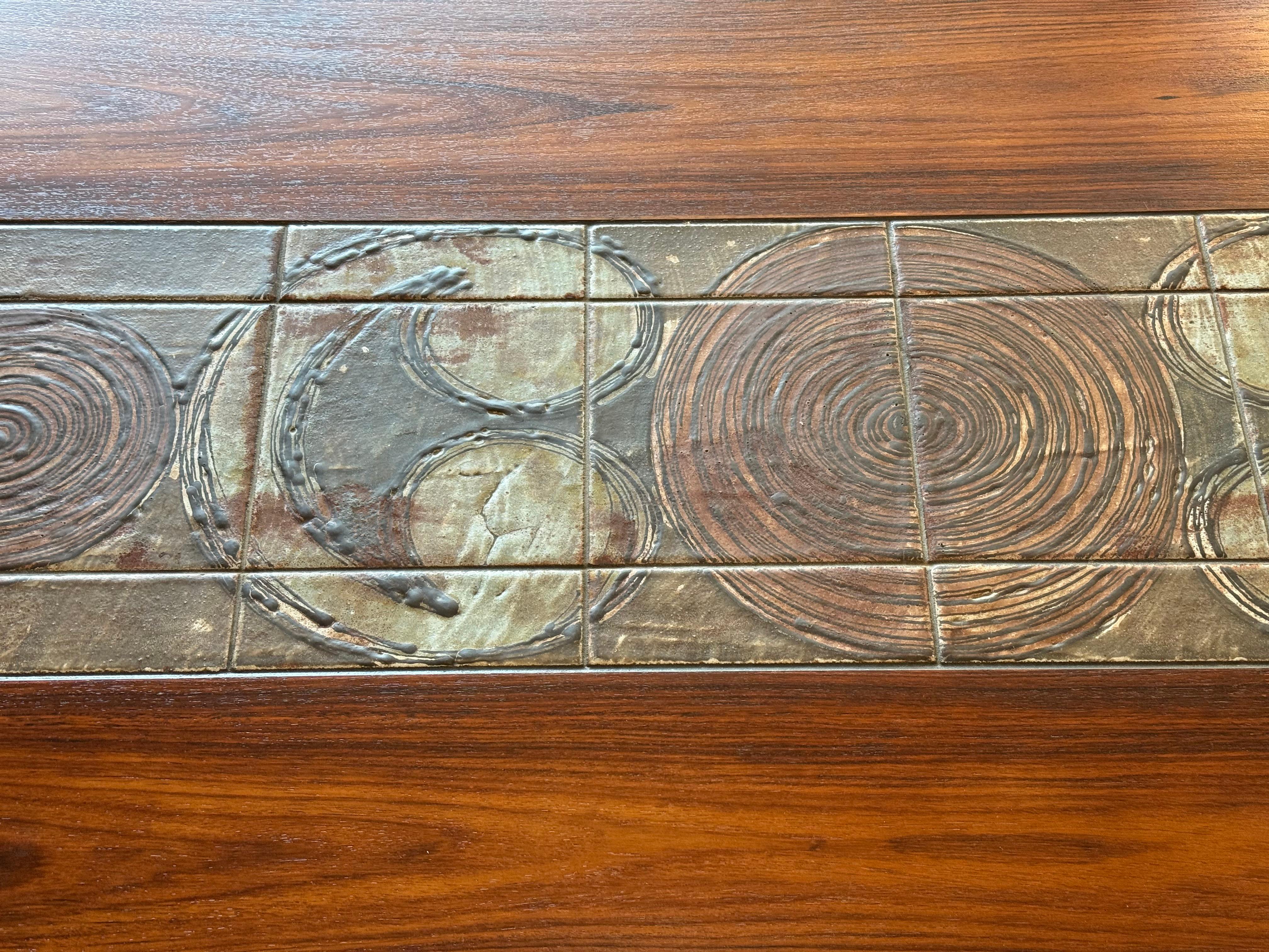 Mid-Century Danish Coffee Table with Rectangular Ceramic Tiles Center Piece In Excellent Condition For Sale In Pasadena, CA