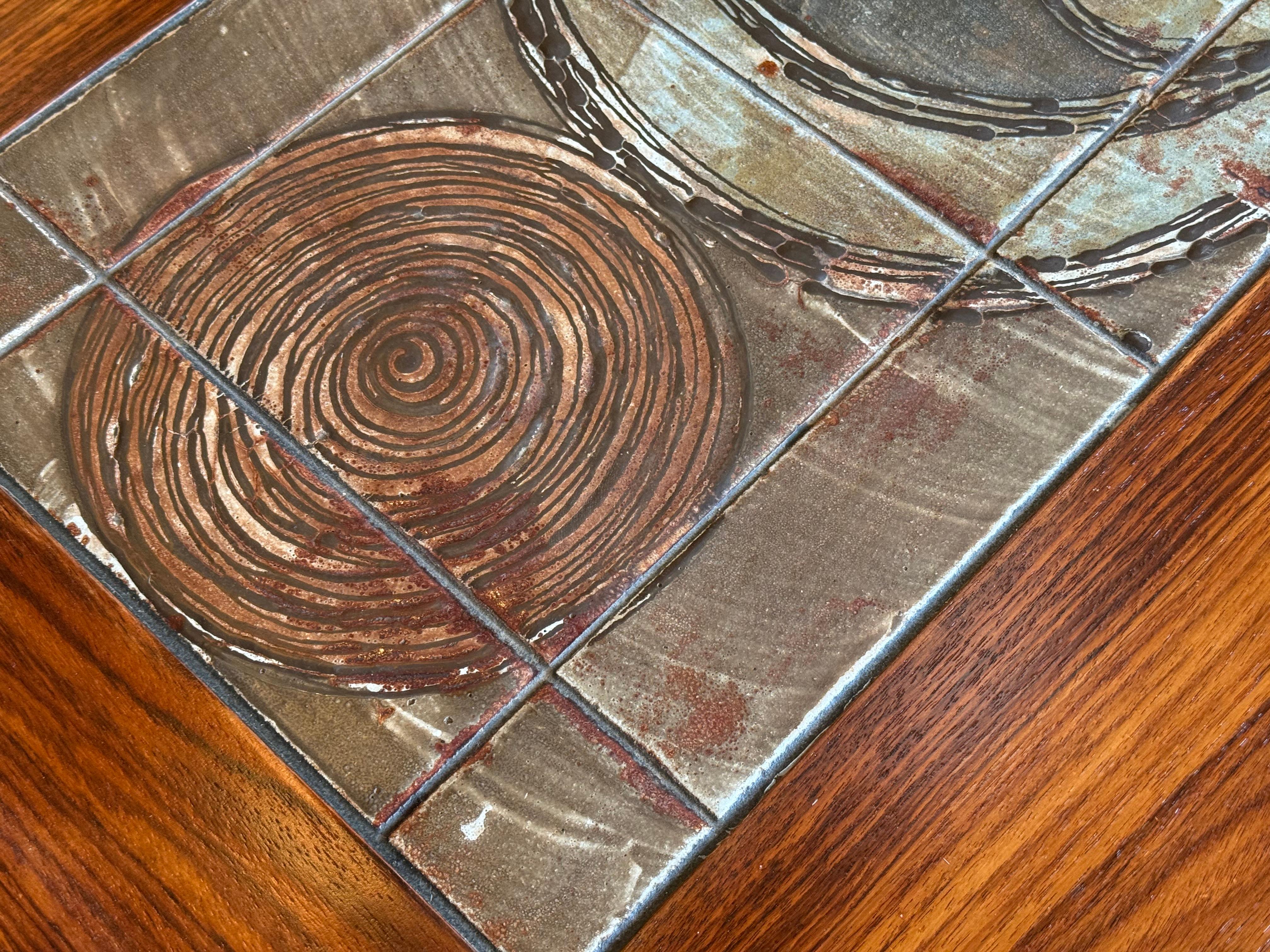 Mid-Century Danish Coffee Table with Rectangular Ceramic Tiles Center Piece For Sale 2