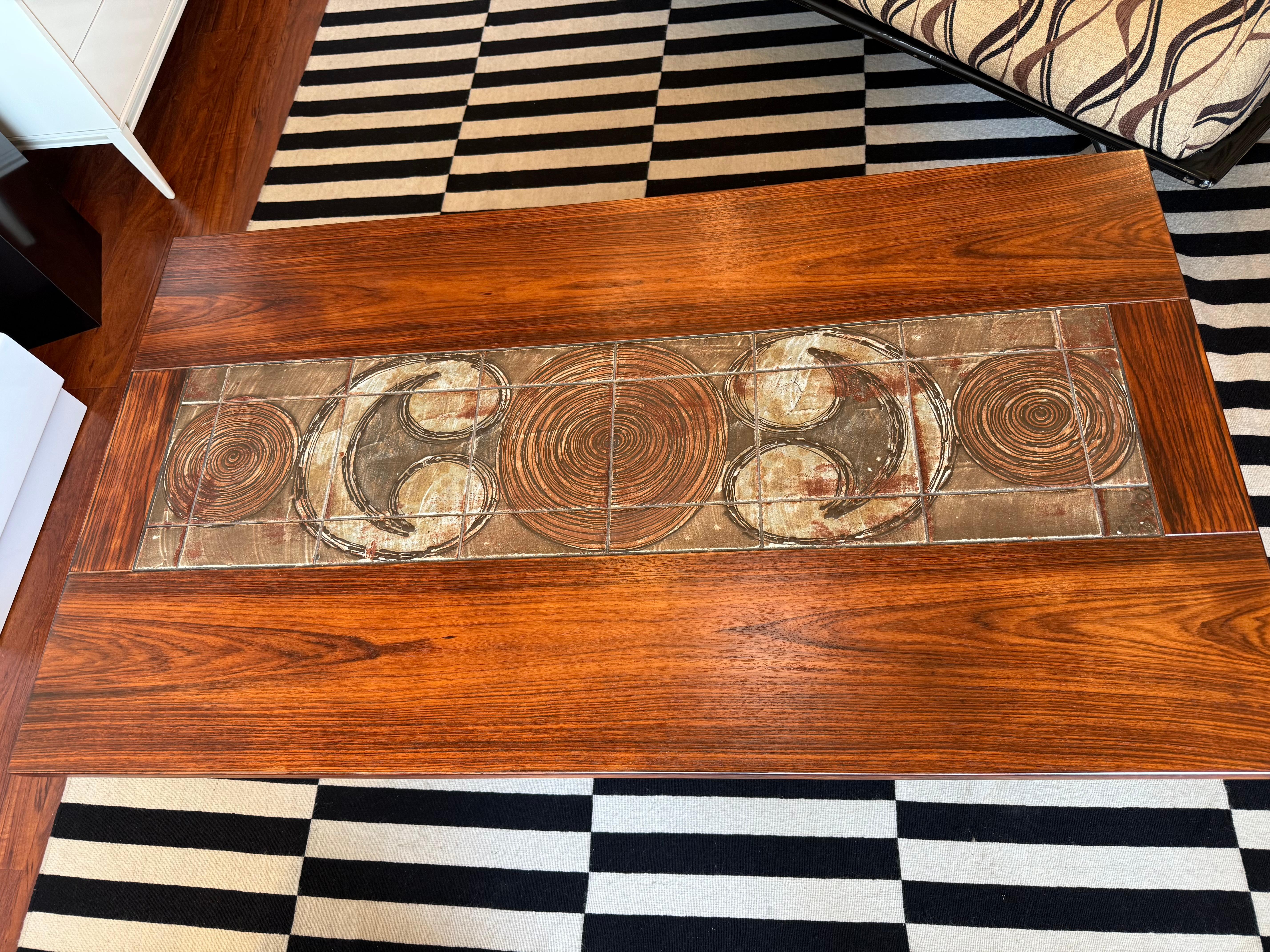 Mid-Century Danish Coffee Table with Rectangular Ceramic Tiles Center Piece For Sale 3
