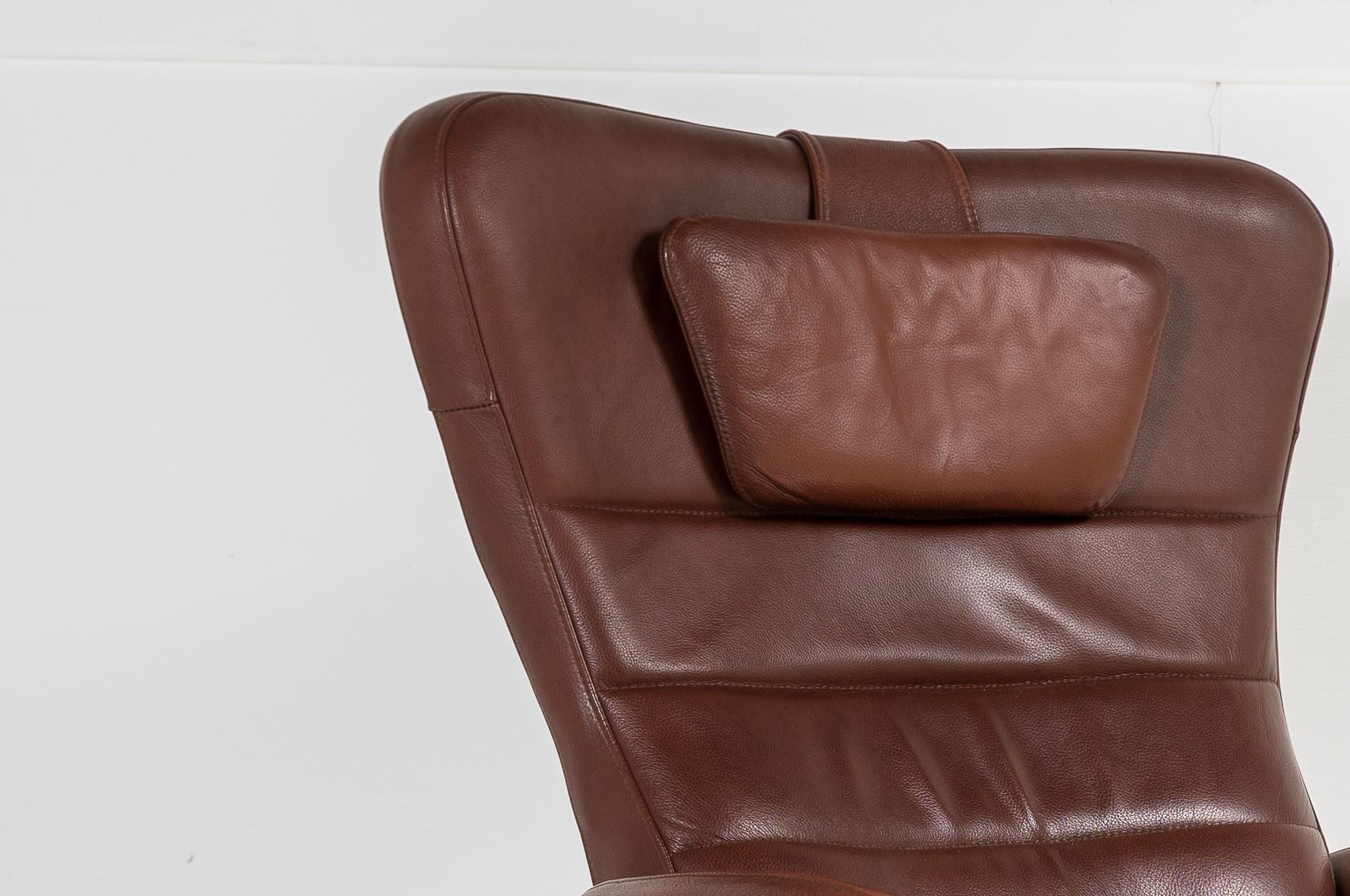 Mid Century Danish Cognac Brown Leather Swivel Reclining Chair on Chrome Base 2