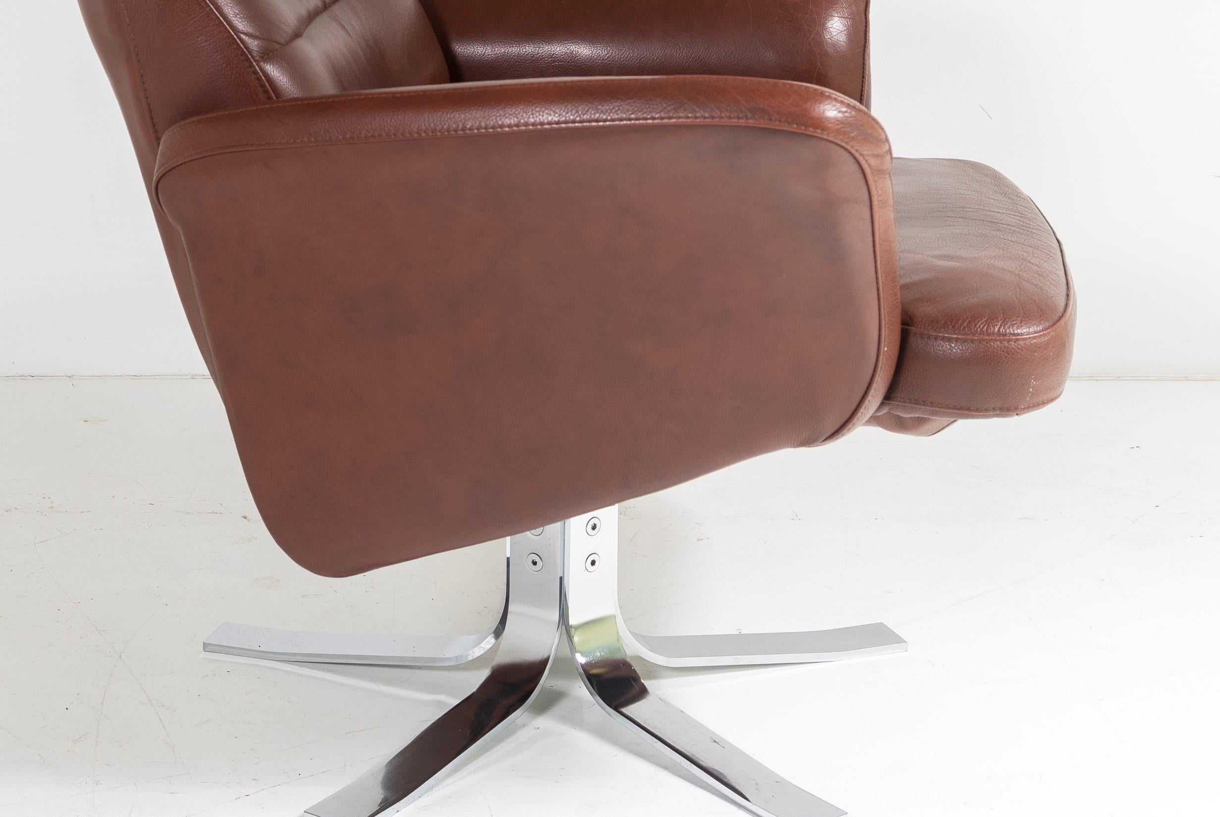 Mid Century Danish Cognac Brown Leather Swivel Reclining Chair on Chrome Base 3