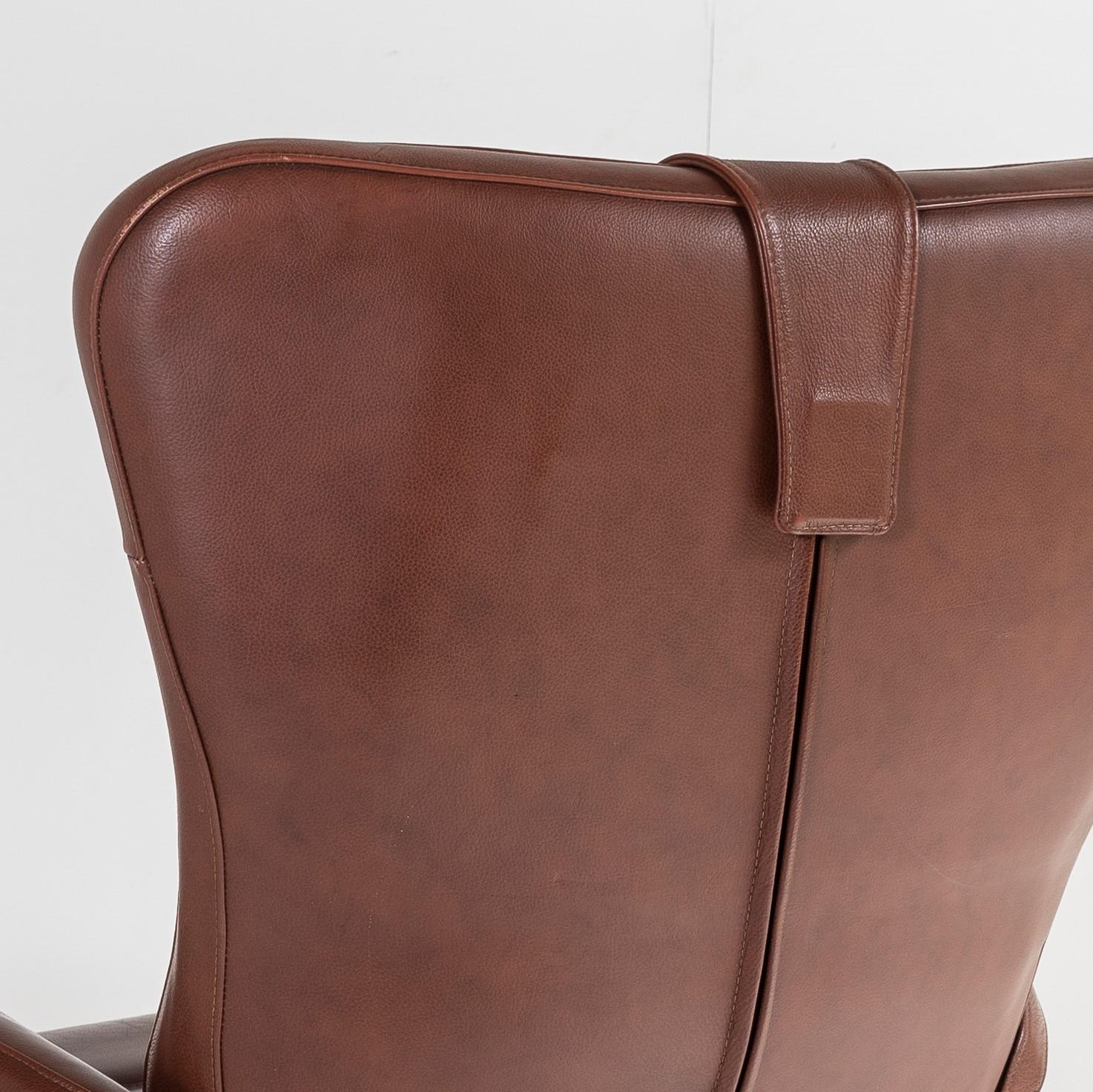 Mid Century Danish Cognac Brown Leather Swivel Reclining Chair on Chrome Base 4