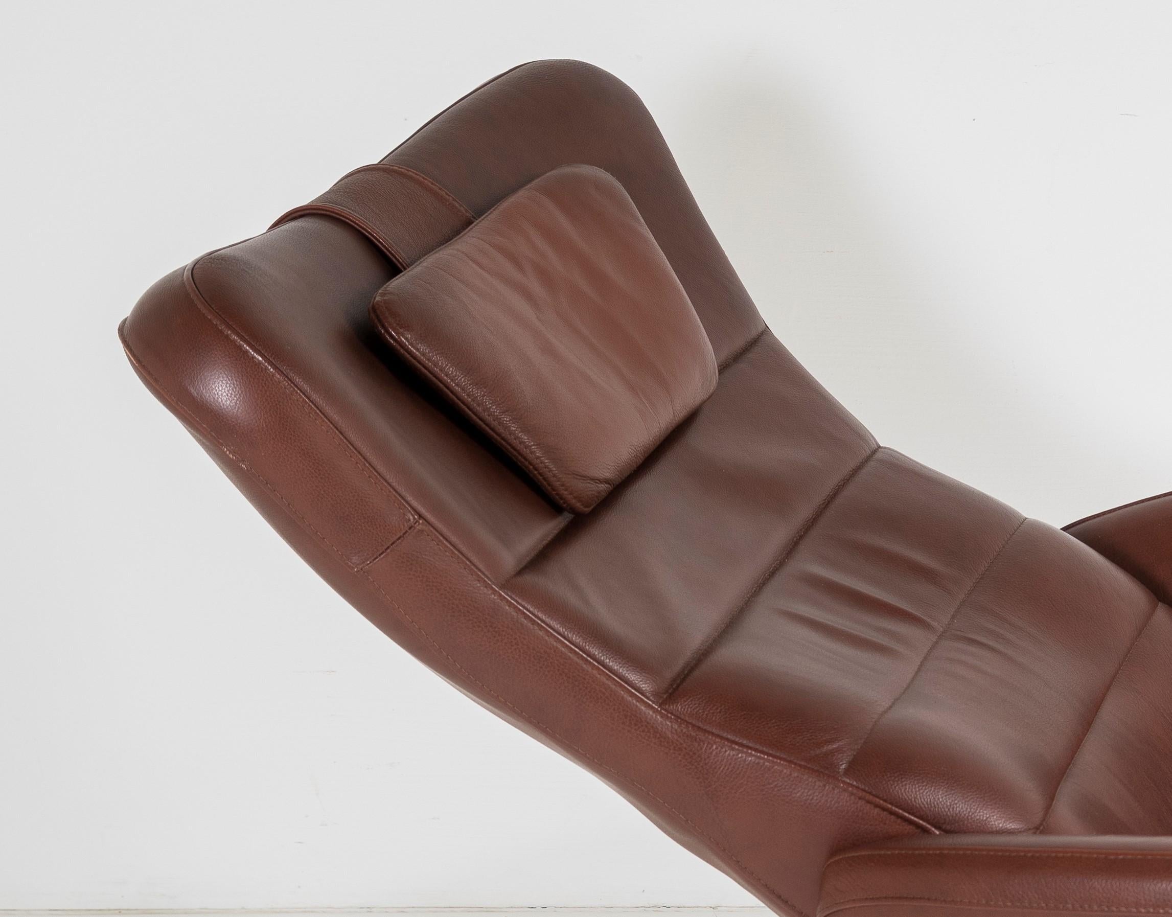 Mid Century Danish Cognac Brown Leather Swivel Reclining Chair on Chrome Base 7