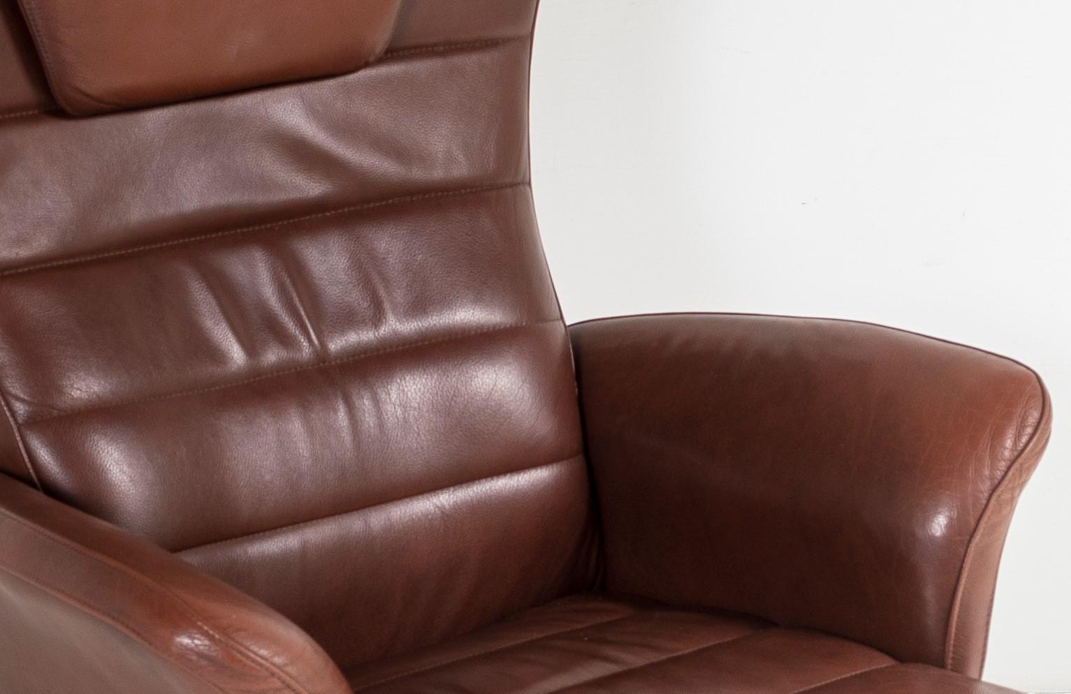 Mid Century Danish Cognac Brown Leather Swivel Reclining Chair on Chrome Base 8