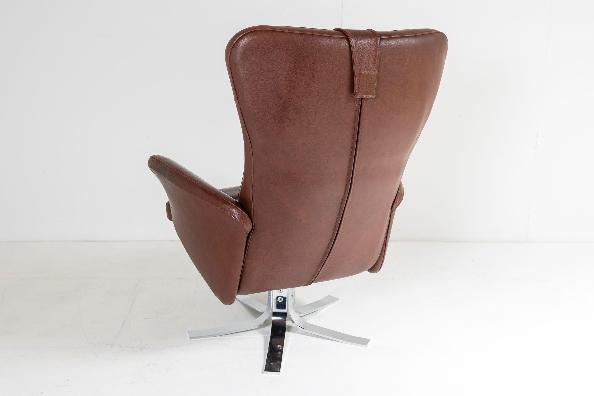 Mid-Century Modern Mid Century Danish Cognac Brown Leather Swivel Reclining Chair on Chrome Base