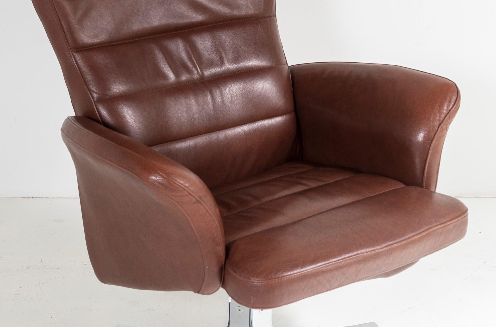 Mid Century Danish Cognac Brown Leather Swivel Reclining Chair on Chrome Base For Sale 4