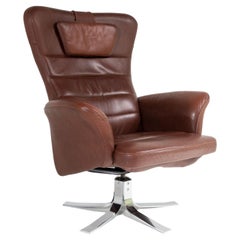 Retro Mid Century Danish Cognac Brown Leather Swivel Reclining Chair on Chrome Base