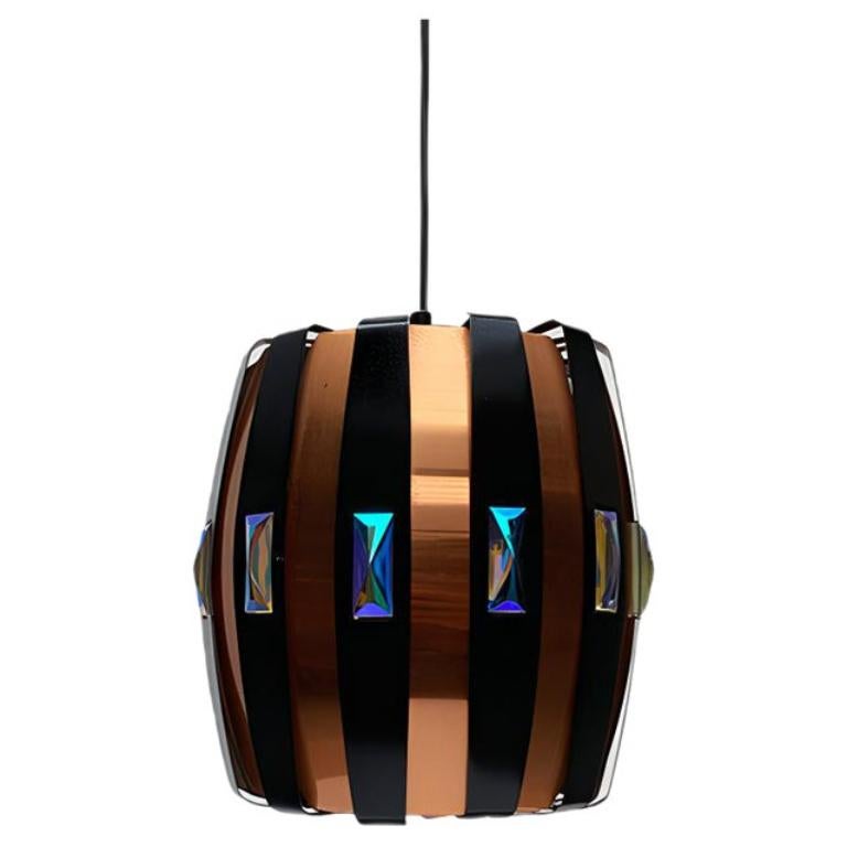 Mid-Century Danish Copper & Black Metal and Prism Pendant Lamp, 1970s For Sale