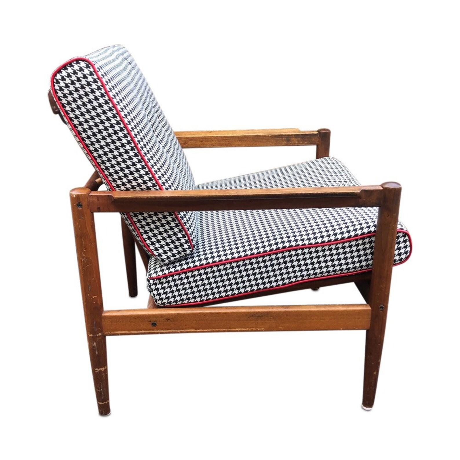 Mid-Century Danish Curated Teak Arm Chair with New Houndstooth Cushions In Good Condition In Hudson, NY