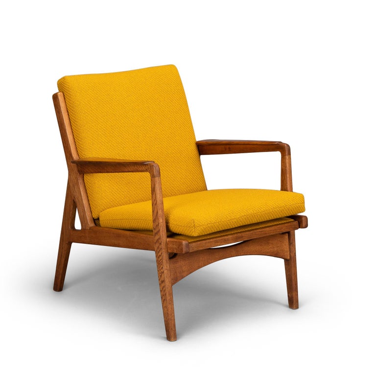 Midcentury Danish Dark Oak With Ocher, Yellow Leather Accent Chairs
