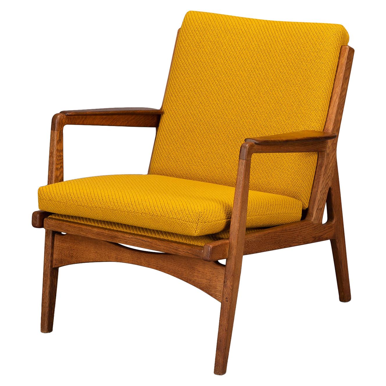Midcentury Danish Dark Oak with Ocher Yellow Pillows Accent Chair, 1960s