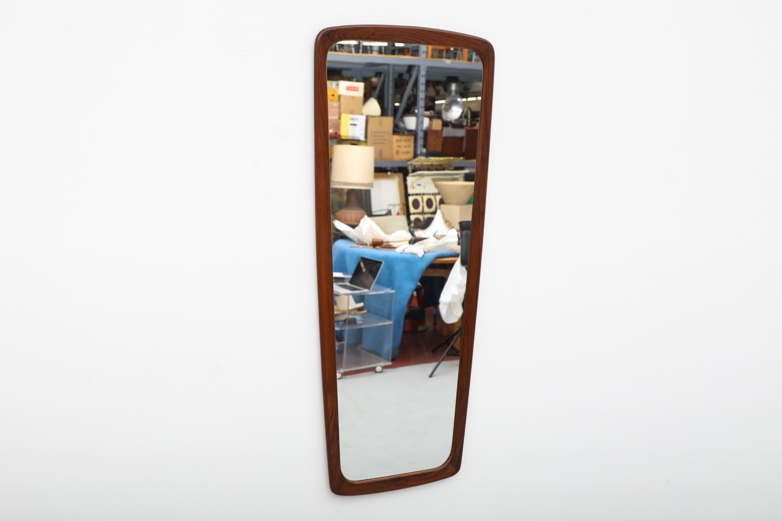 Mid-Century Danish Dark Oiled Oak Trapezoidal Mirror with Rounded Edges  In Good Condition For Sale In Los Angeles, CA