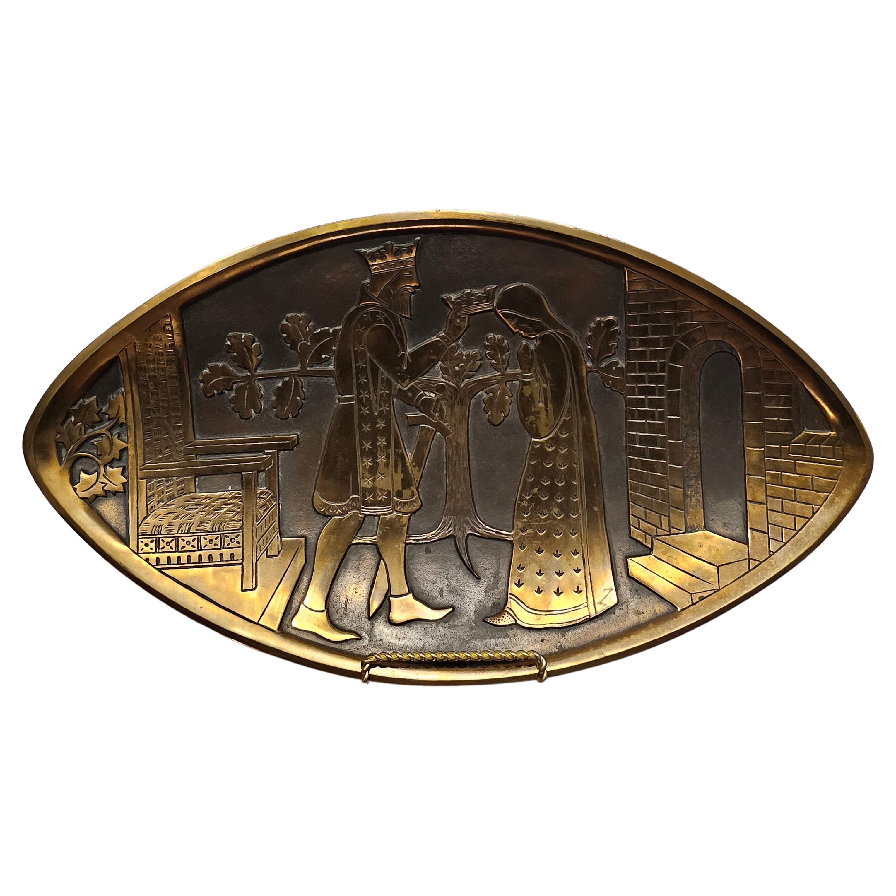 Mid-Century Danish Decorative Bronze Plaque Of King And Queen or Jewelry Tray For Sale