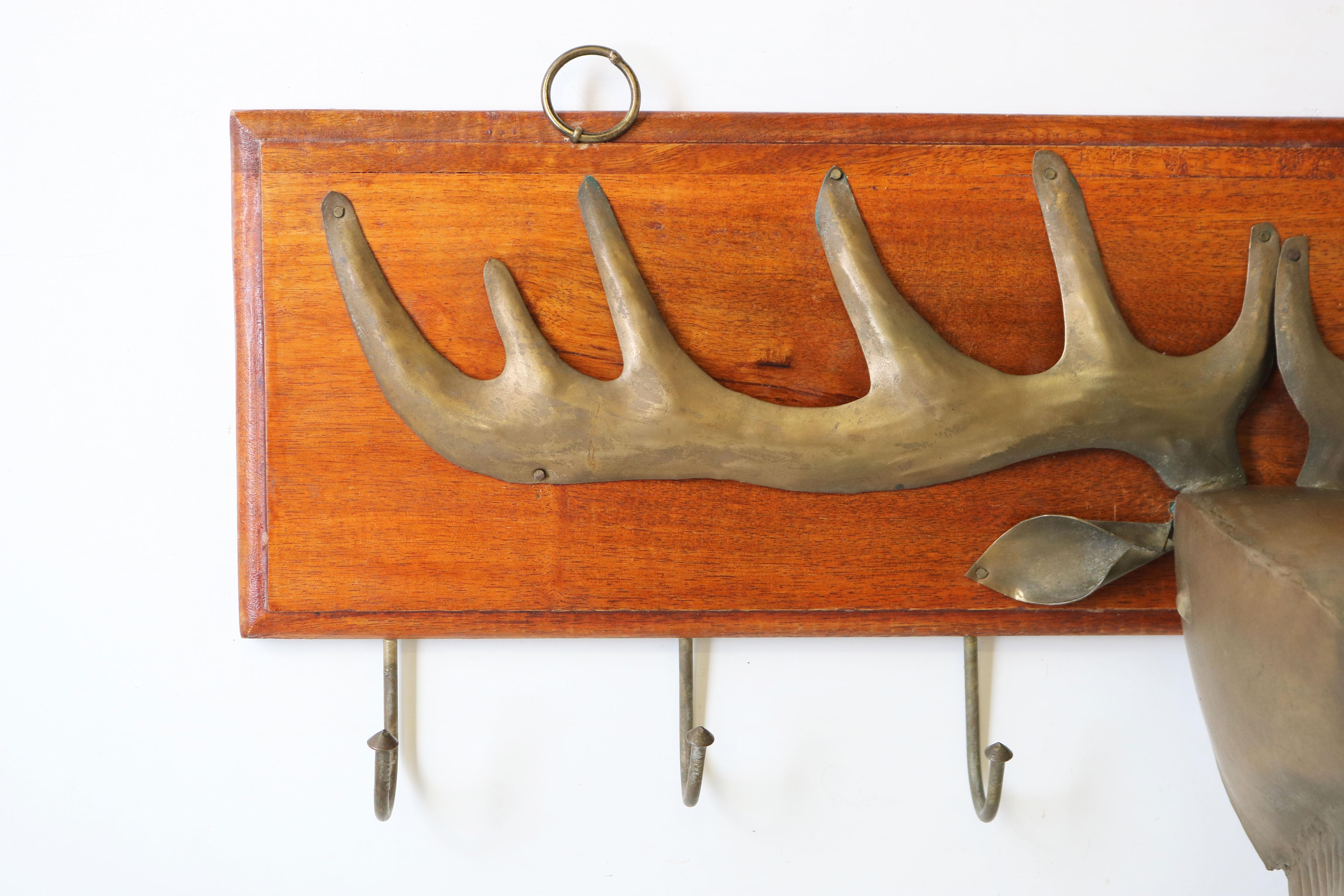 Mid-Century Modern Mid Century Danish Design Coat Rack Brass Sculpture Moose Hallway 1960 Teak  For Sale