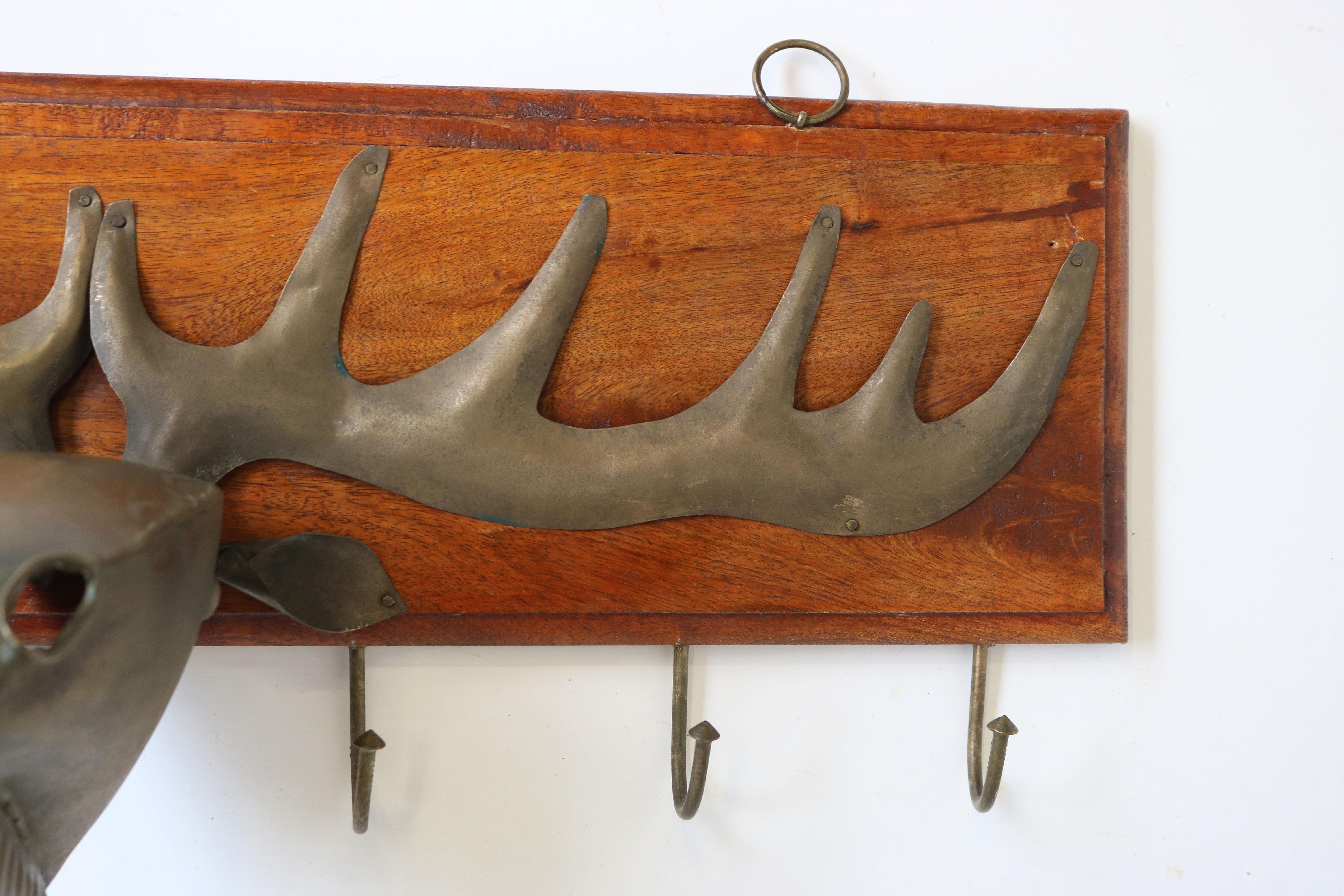 Hand-Carved Mid Century Danish Design Coat Rack Brass Sculpture Moose Hallway 1960 Teak  For Sale