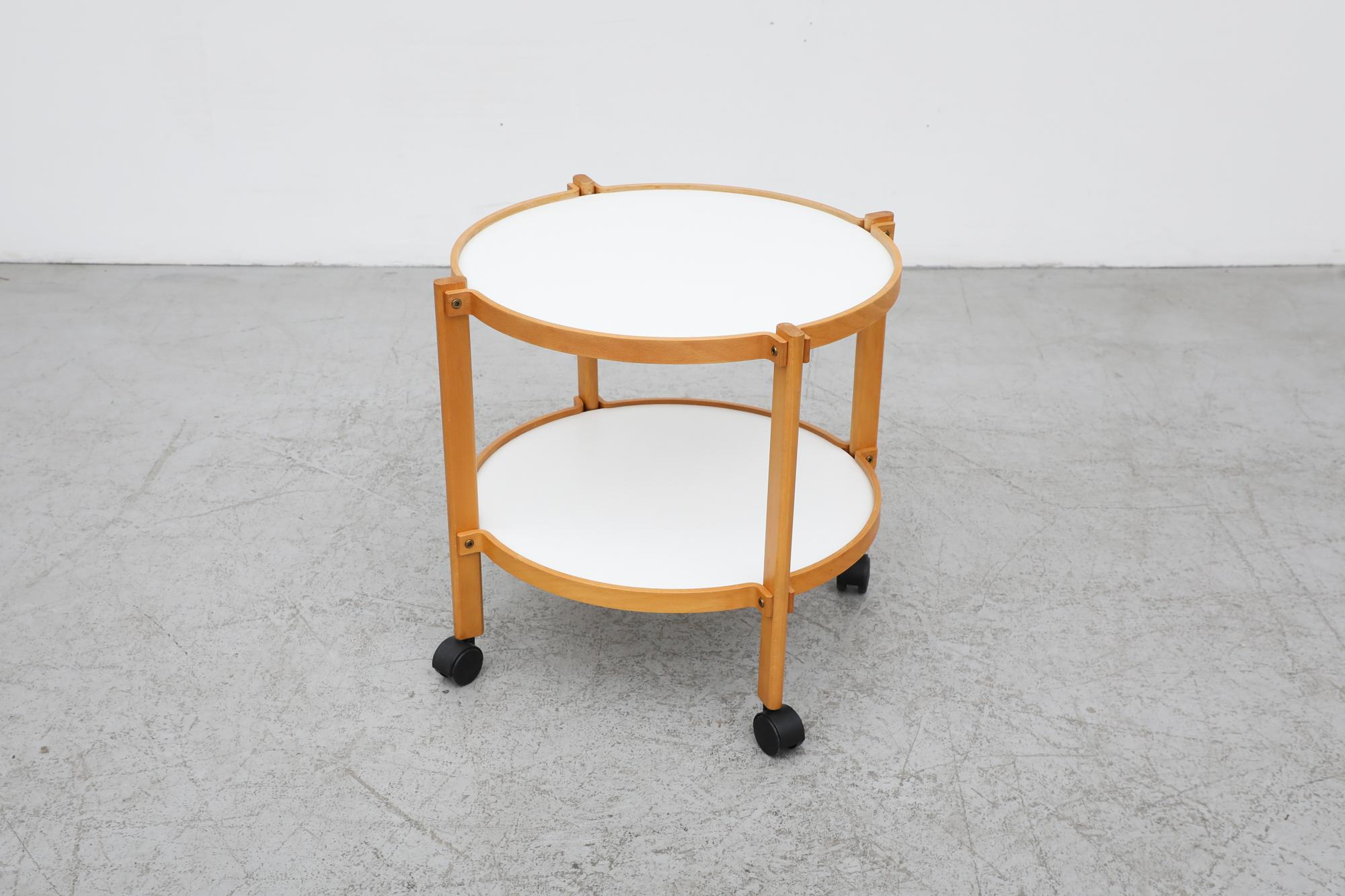 Mid-Century Danish Blonde Wood & White Rolling Bar Cart Inspired by Alvar Aalto For Sale 7