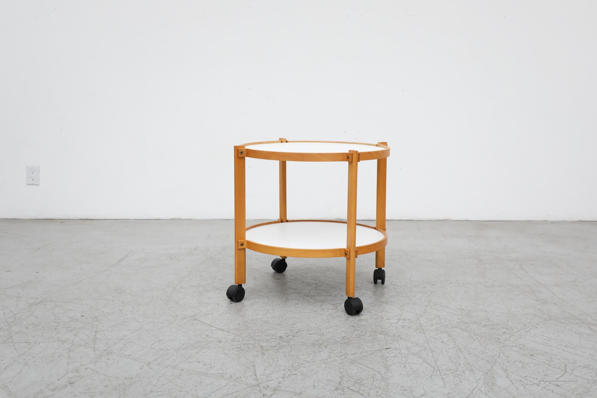 Mid-Century Modern Mid-Century Danish Blonde Wood & White Rolling Bar Cart Inspired by Alvar Aalto For Sale