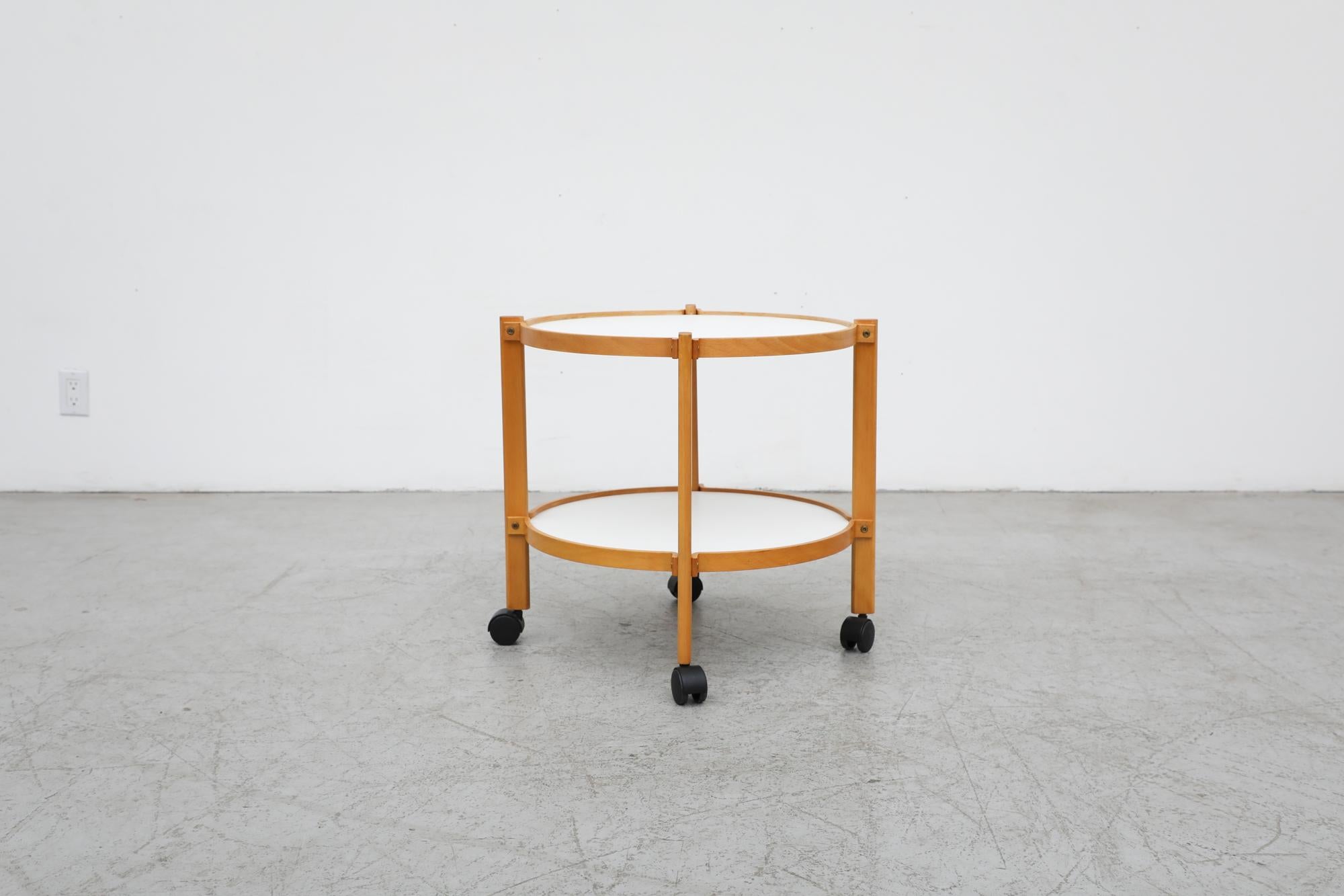 Mid-Century Danish Blonde Wood & White Rolling Bar Cart Inspired by Alvar Aalto In Good Condition For Sale In Los Angeles, CA