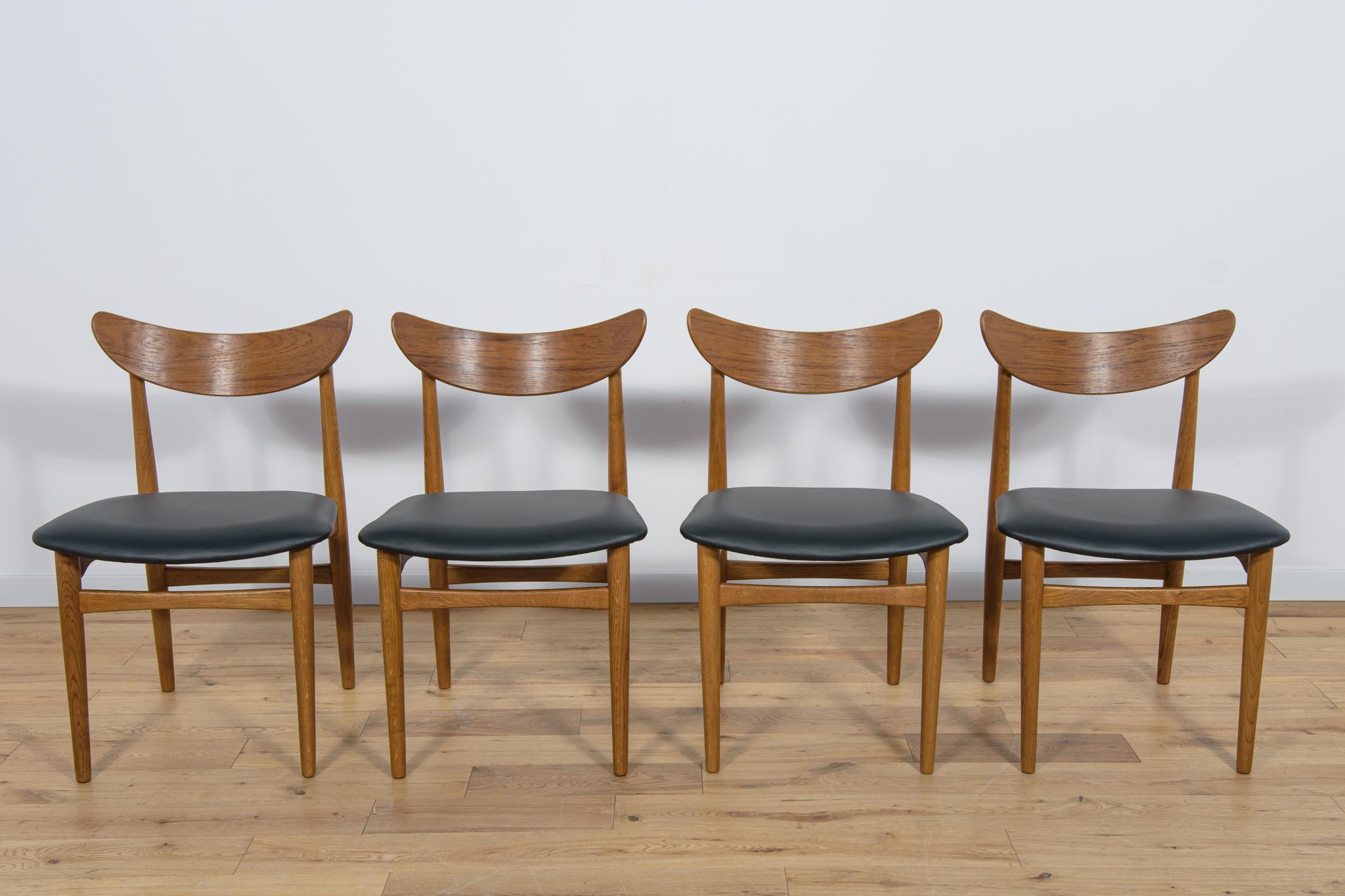 A set of four chairs produced in Denmark in the 1960s. Chairs with an interesting, light form, with a profiled backrest. The chair frame is made of oak wood, the backrest is veneered with teak. The furniture has been thoroughly renovated, cleaned of