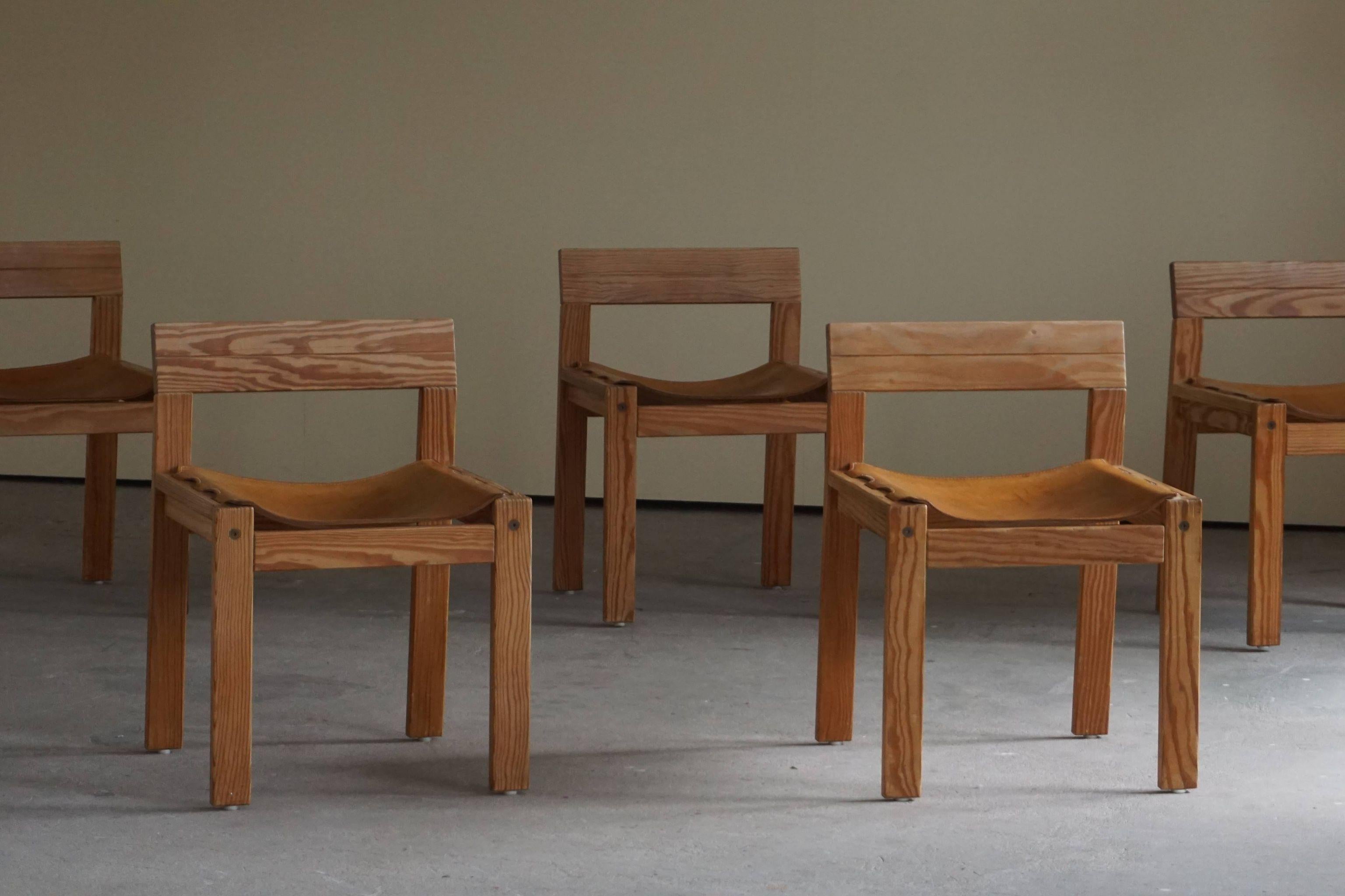 Mid Century Danish Dining Chairs in Solid Pine and Leather, Set of Six, 1970s 8