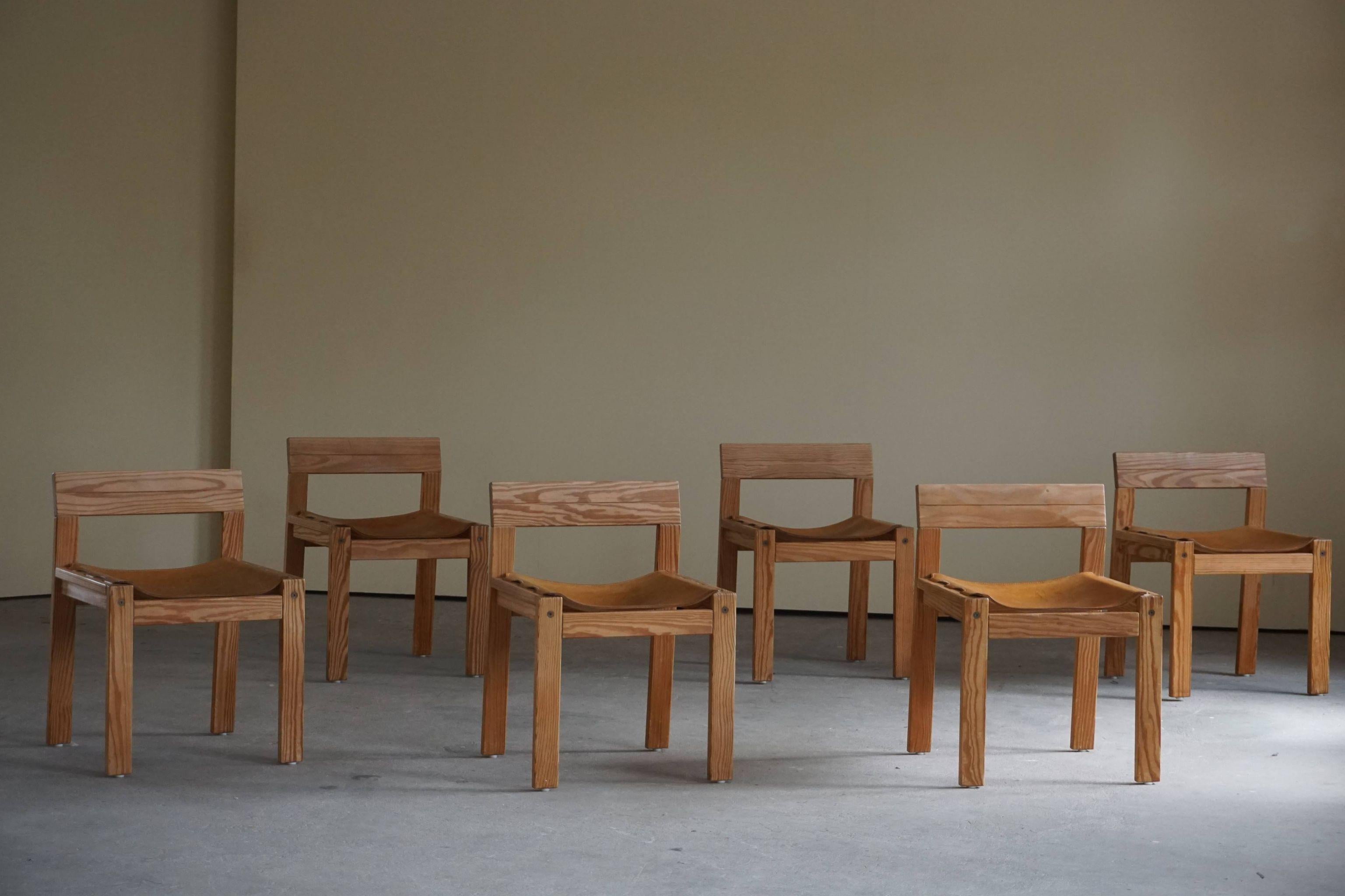 Mid Century Danish Dining Chairs in Solid Pine and Leather, Set of Six, 1970s 9