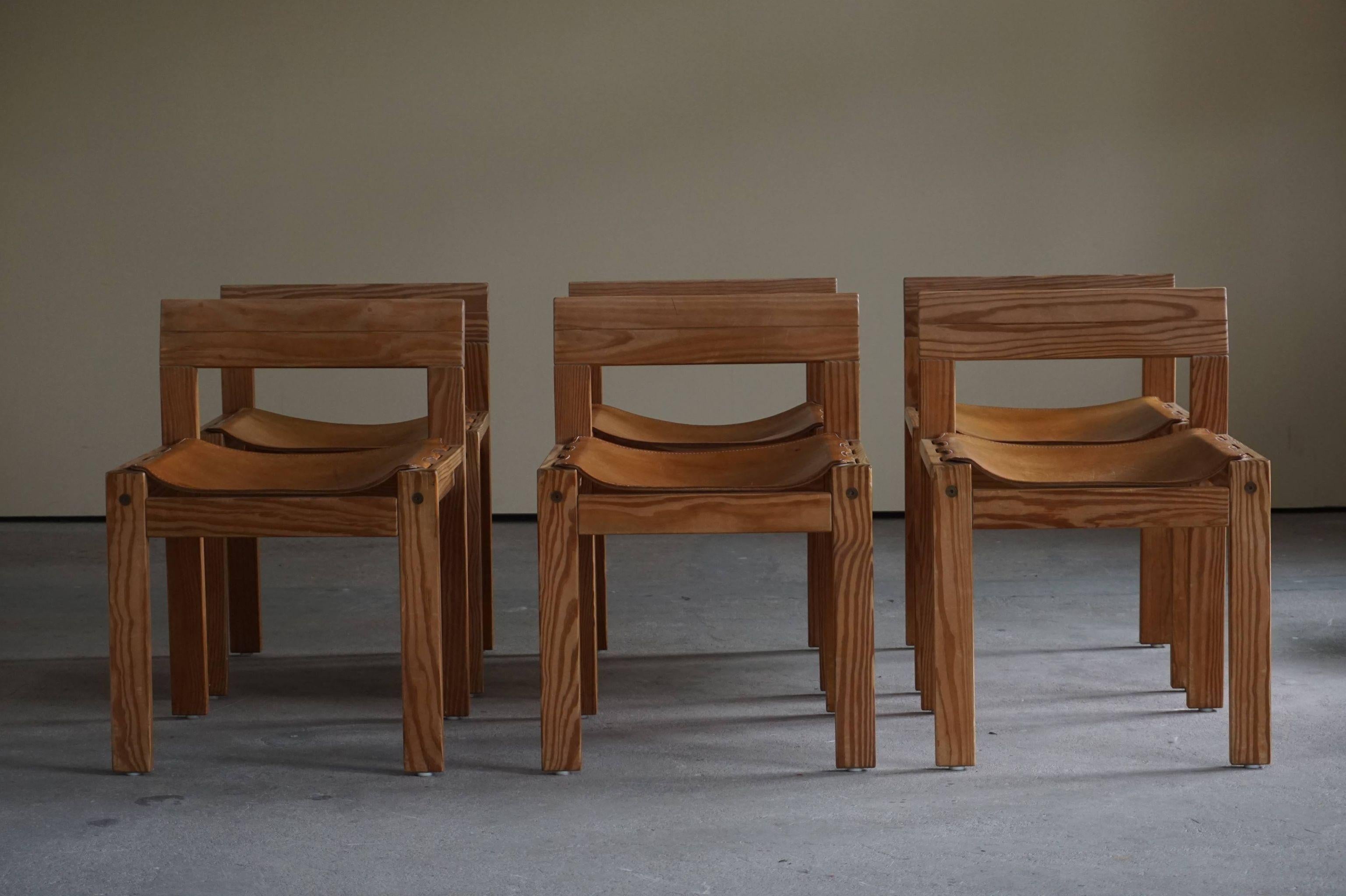 Mid Century Danish Dining Chairs in Solid Pine and Leather, Set of Six, 1970s 10