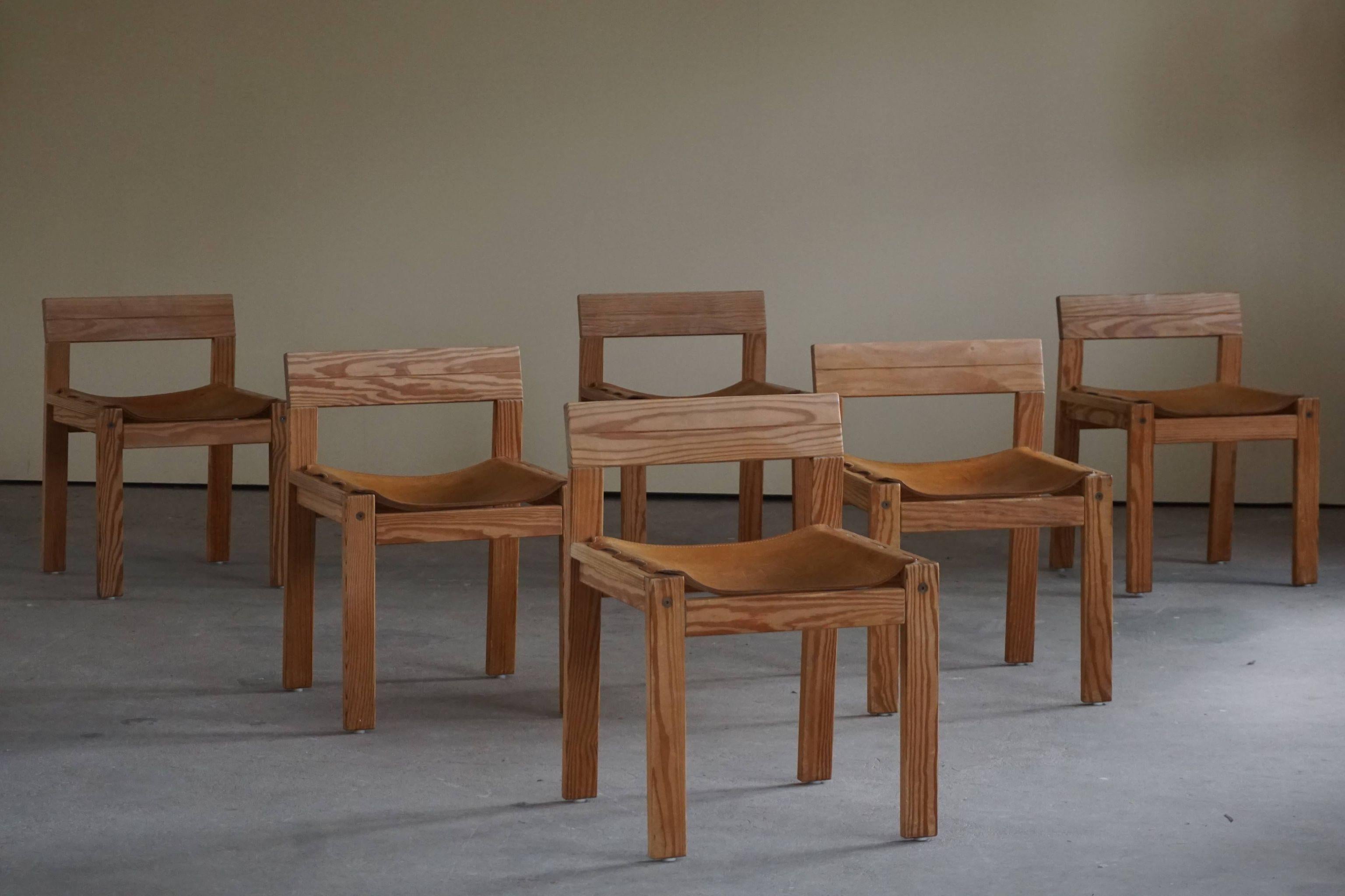 Mid Century Danish Dining Chairs in Solid Pine and Leather, Set of Six, 1970s 1