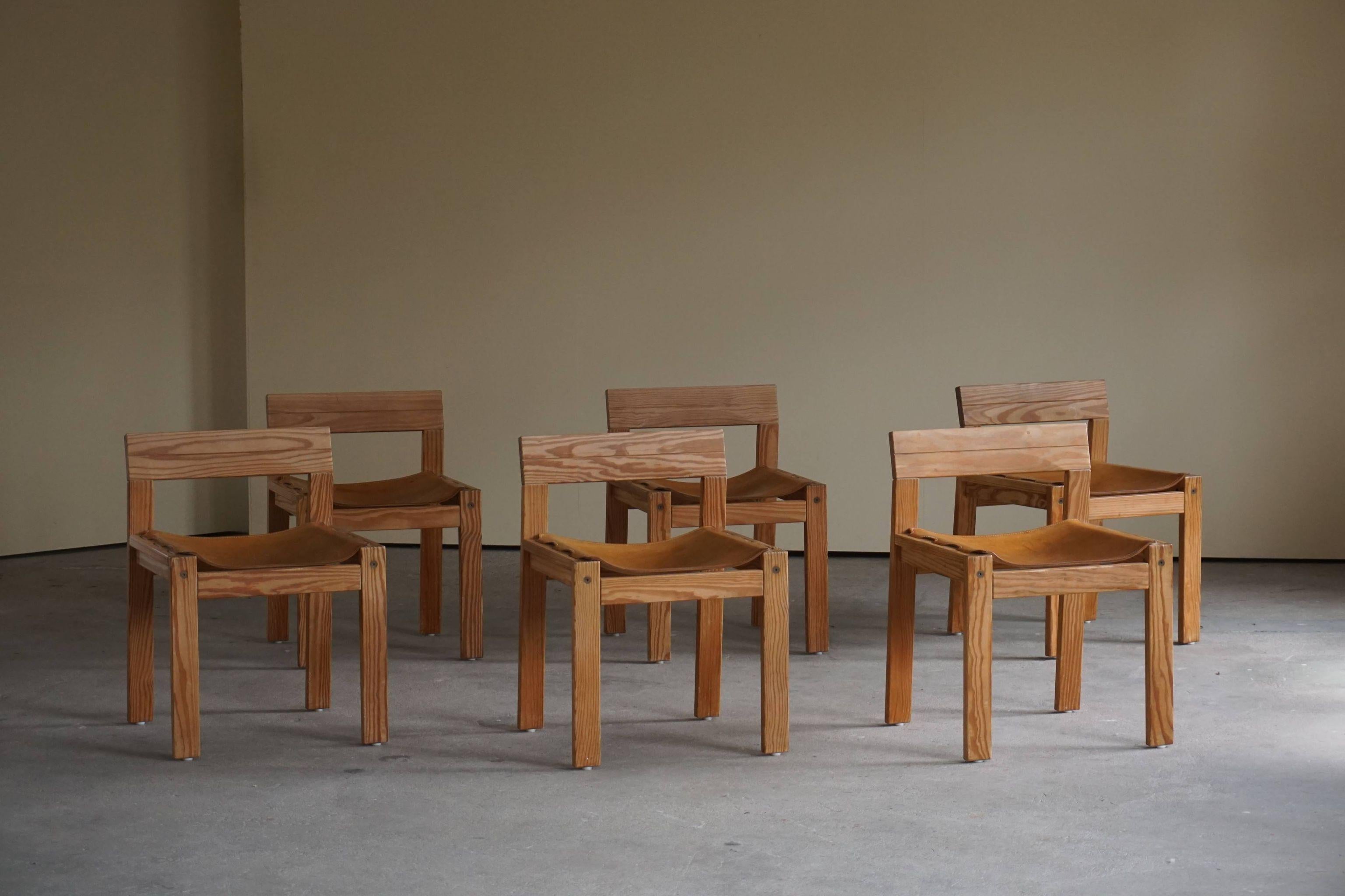 Mid Century Danish Dining Chairs in Solid Pine and Leather, Set of Six, 1970s 3