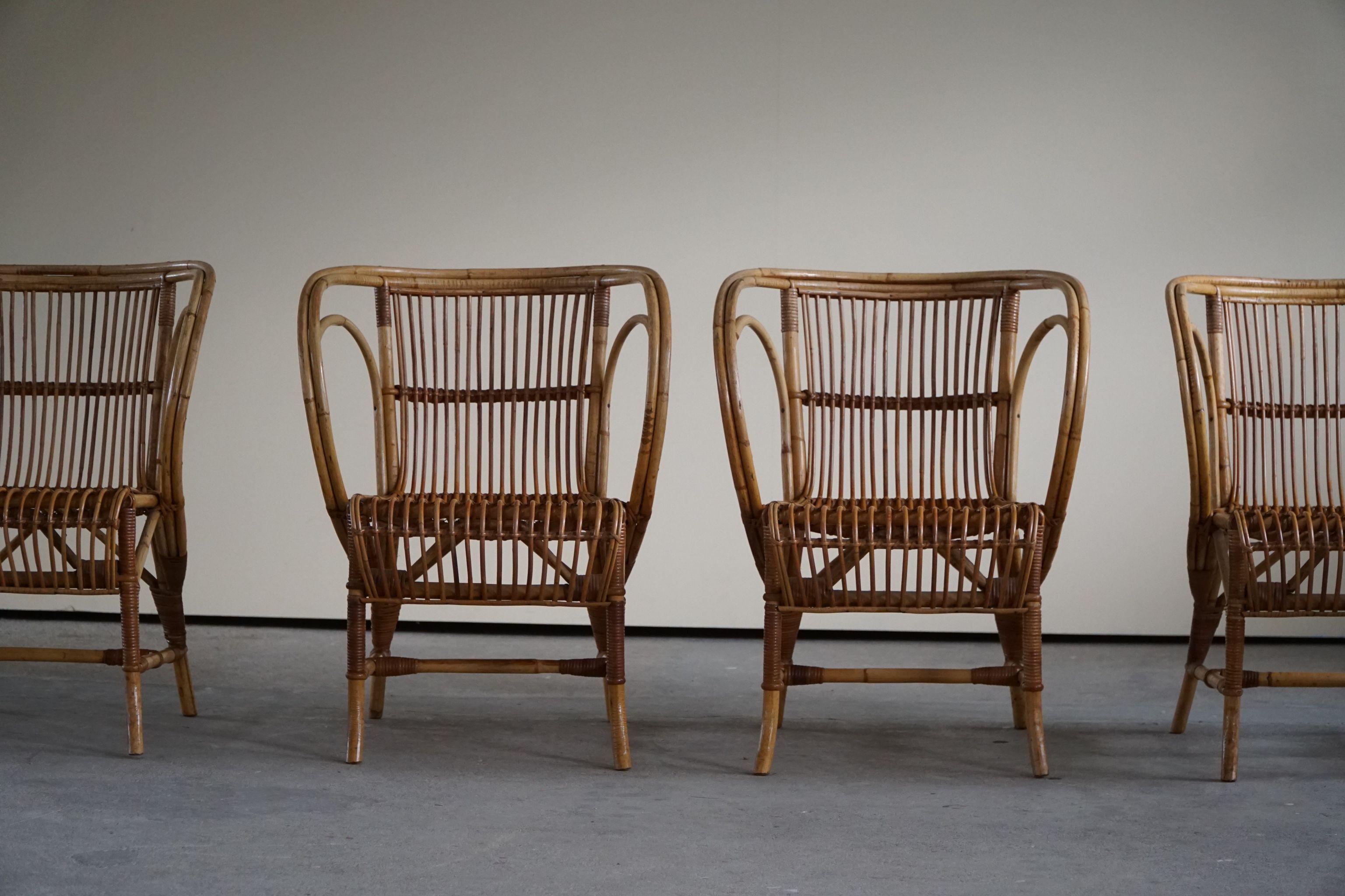 Bamboo Mid-Century Danish Dining Chairs in Wicker, by Robert Wengler, Set of 4, 1960s