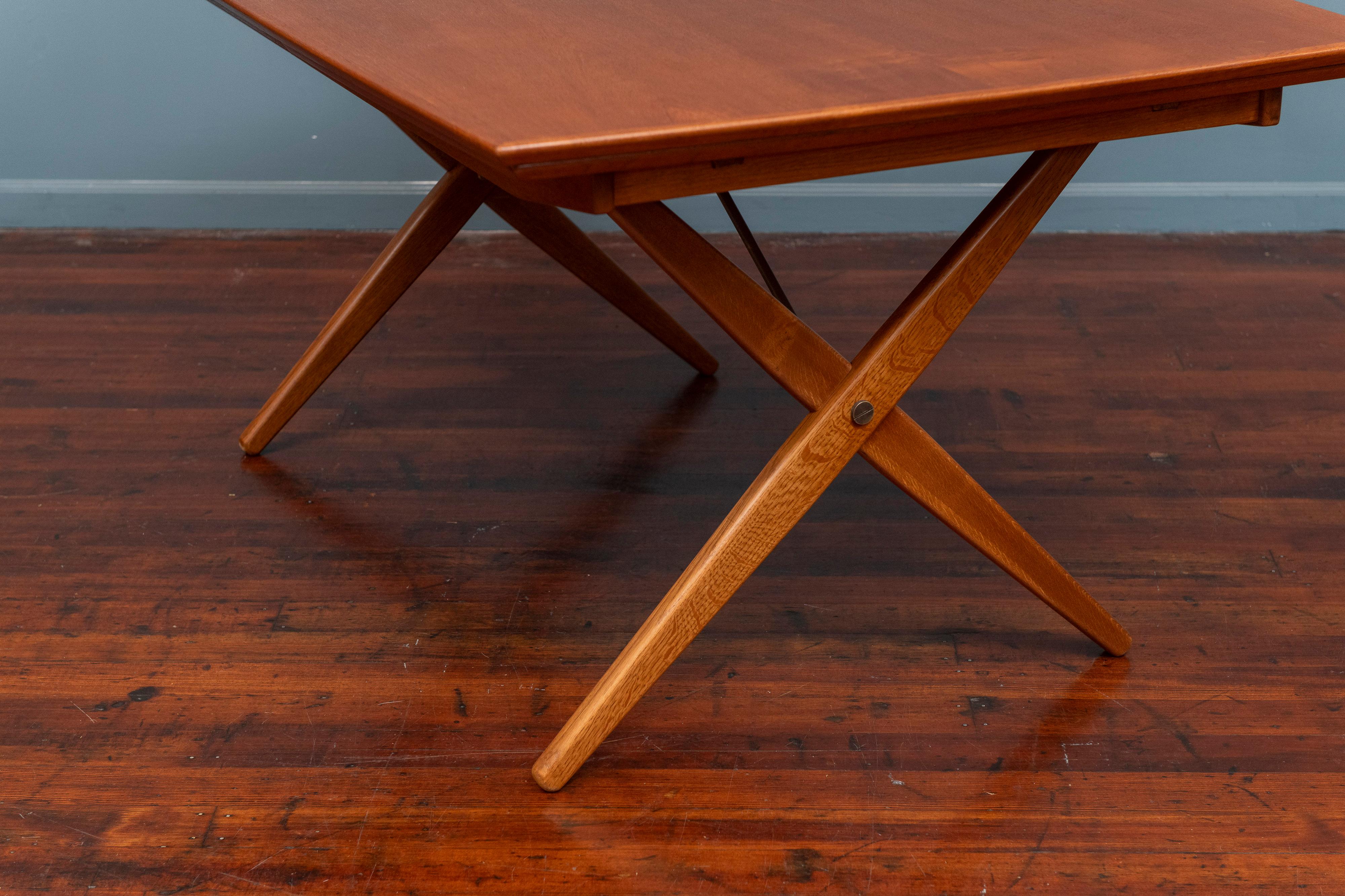 Torben Strandgaard design dining table, Denmark. Not a generic teak table with pull out leaves. This table is rectangular with a slight bowed out design, wider in middle than at the ends, 39