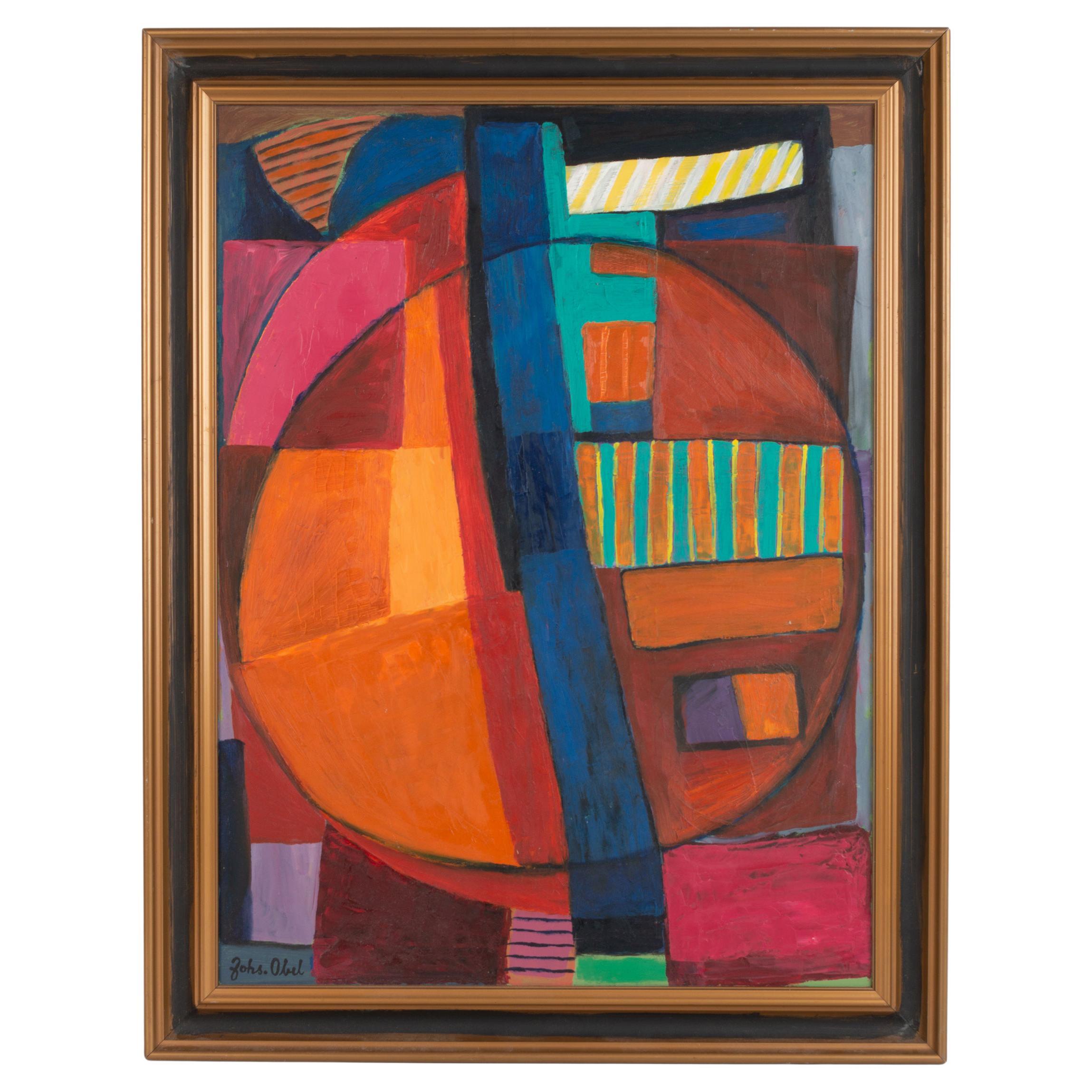 Mid Century Danish Geometric Abstraction Oil on Board by Johannes Obel, C.1950 For Sale