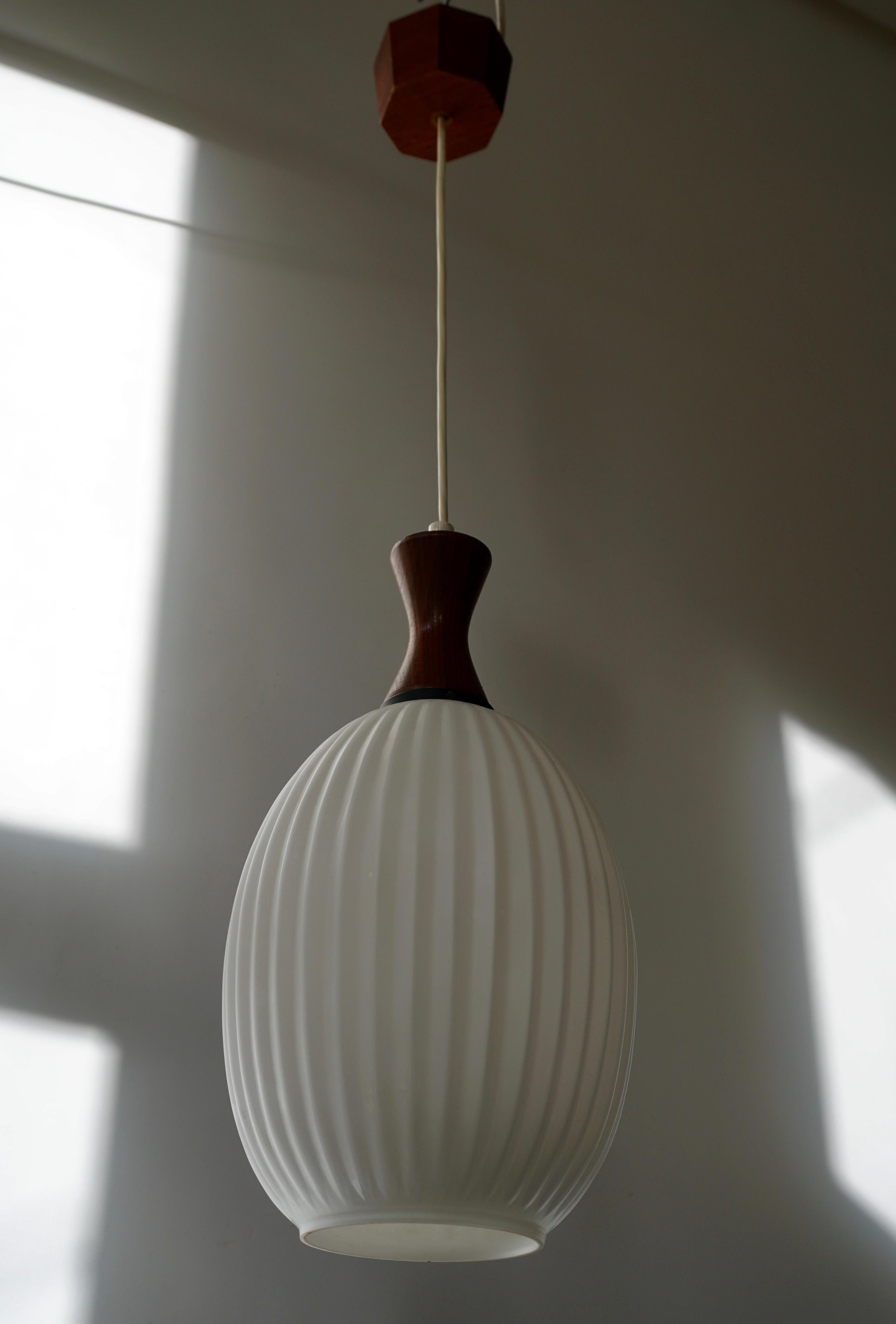 Midcentury Danish Glass and Wood Chandelier or Pendant Light For Sale 3