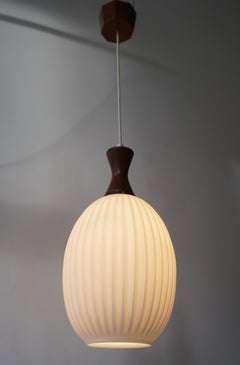Midcentury Danish Glass and Wood Chandelier or Pendant Light